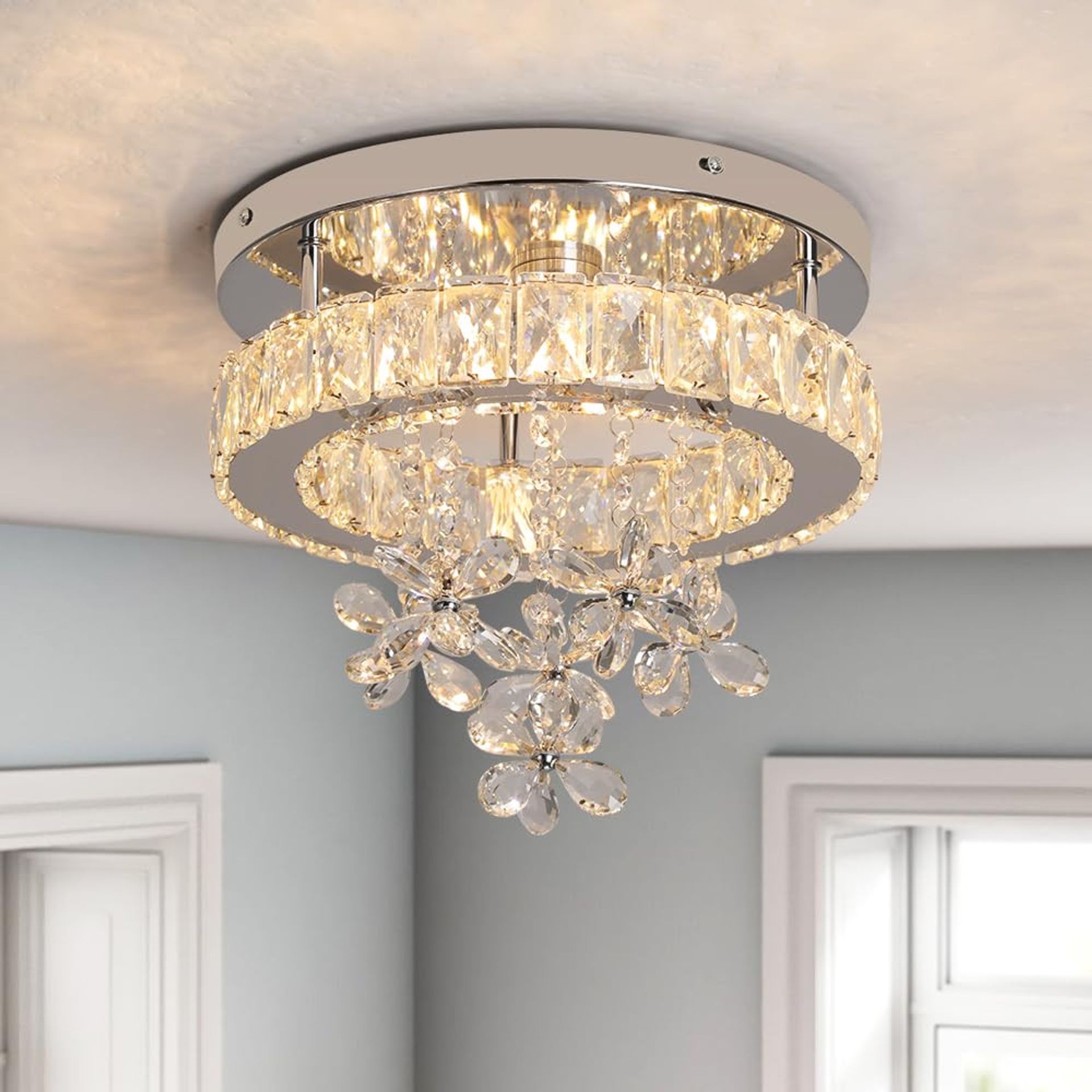 Crystal Chandelier Modern LED Ceiling Light Flush Mount K9 Crystal for Living Room Bedroom Dining Hallway - Warm White 30cm