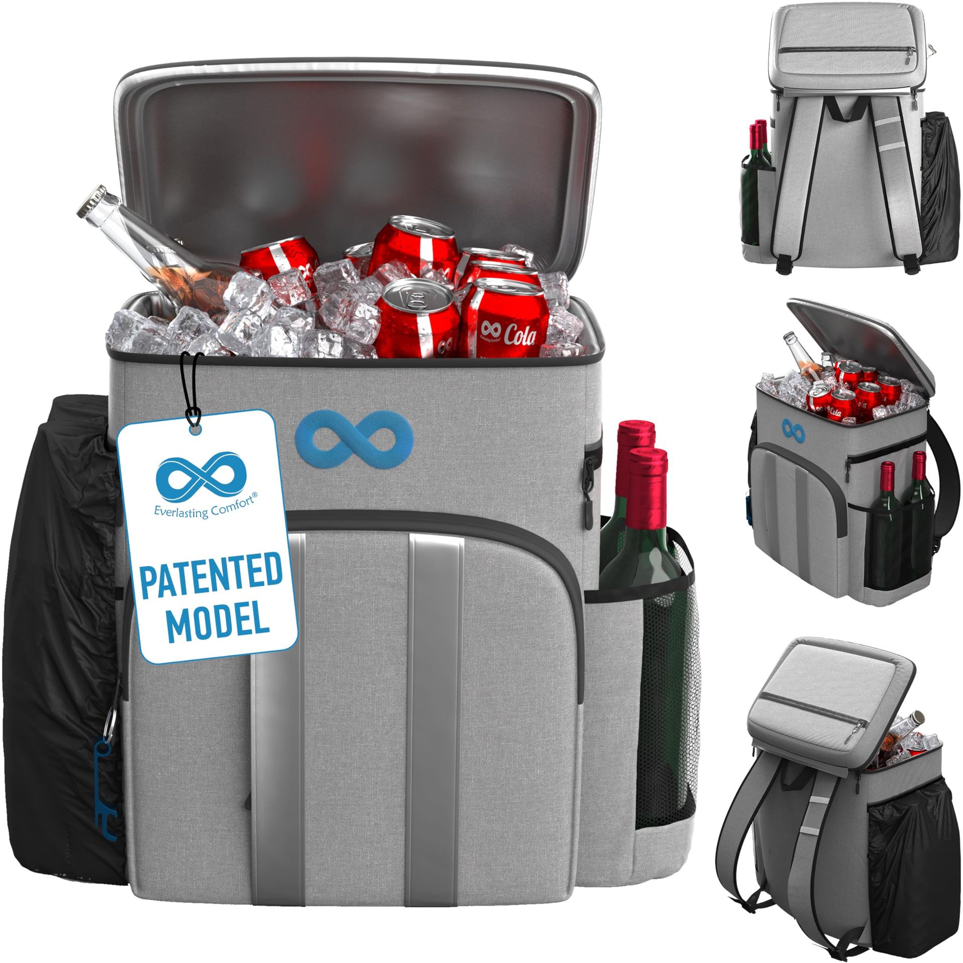 Insulated Leakproof Cooler Backpack Holds 54 Cans or 4 Wine Bottles for Picnics, Beach, Camping & Hiking - Grey 54C