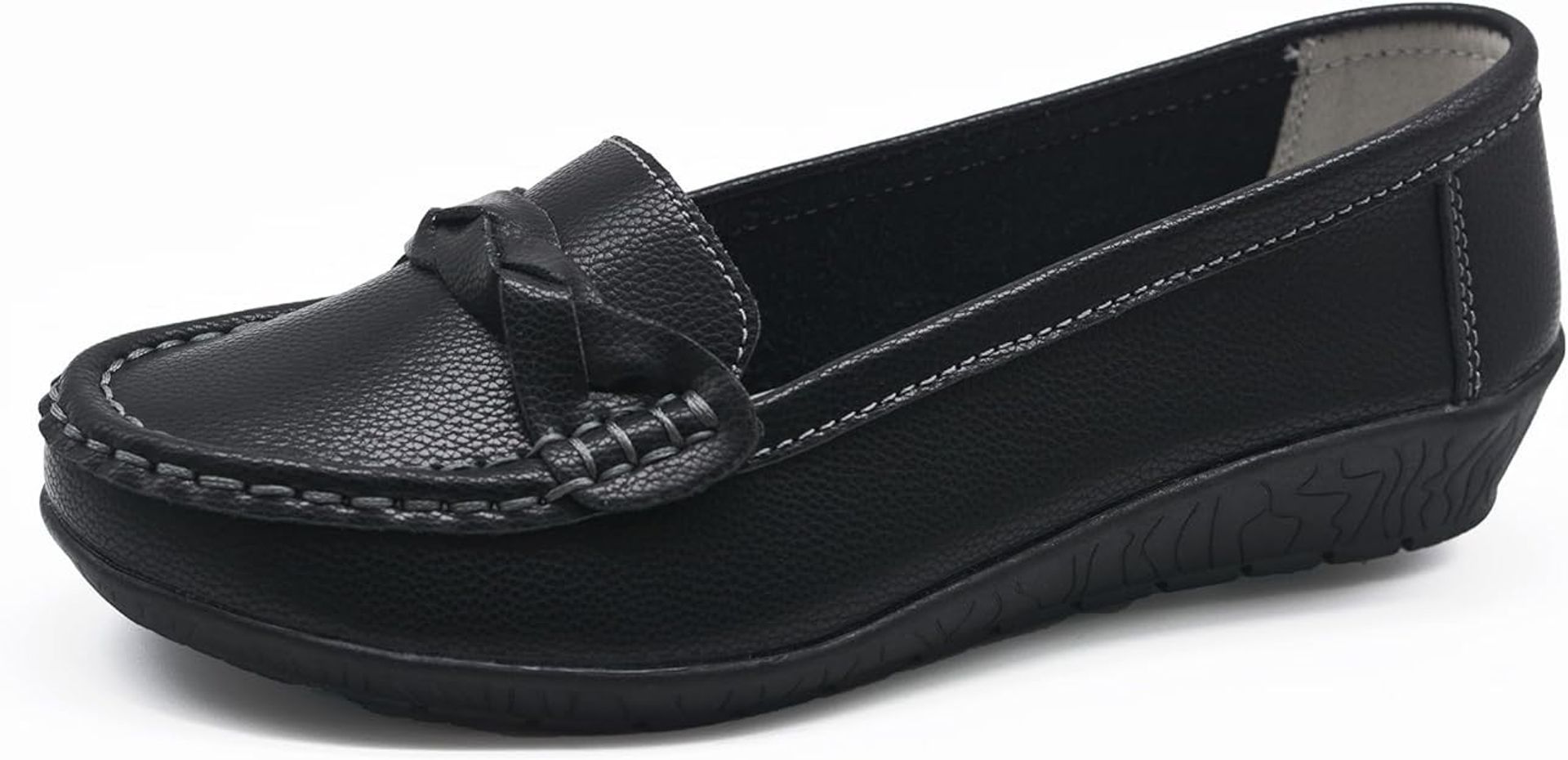 Women's Casual PU Leather Slip-On Loafers Comfortable Flat Work Shoes - Black UK 4