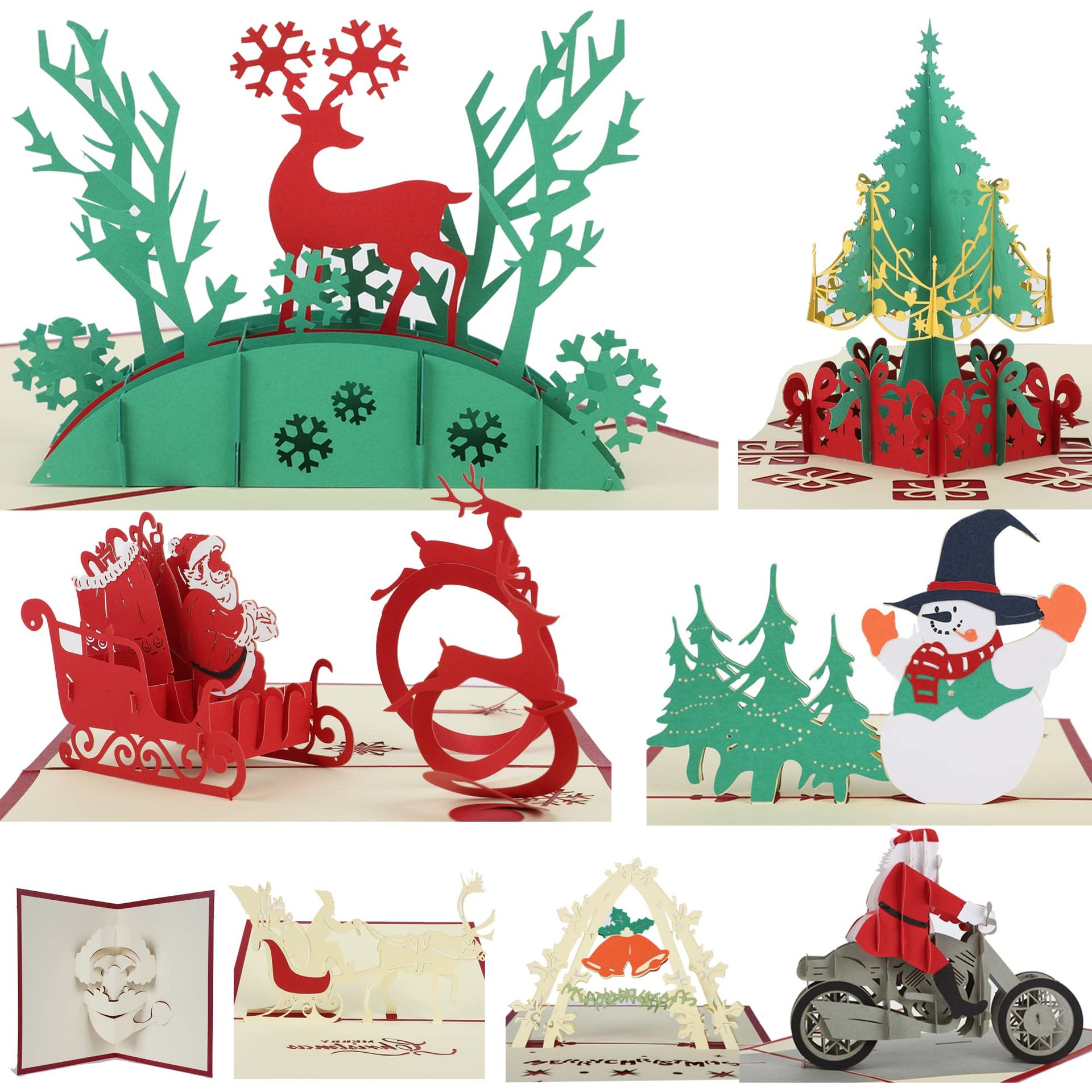 3D Pop Up Christmas Greeting Cards with Envelopes 8 Pack Handmade Designs - Set 12ha-8pcs