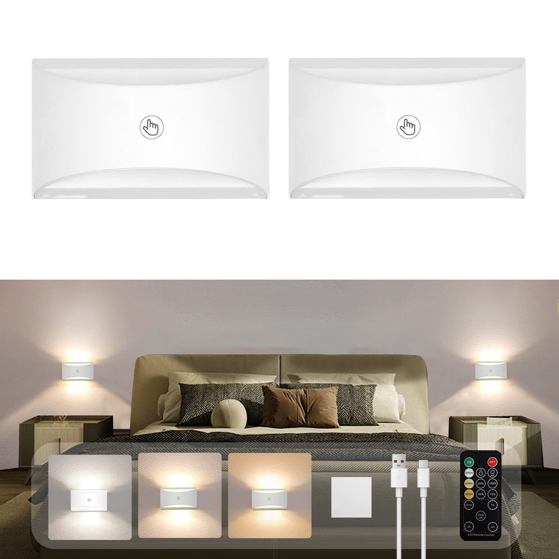 LED Rechargeable Wall Lights with Touch Control, Remote Timer & 3 Colour Modes, Dimmable Sconces for Bedroom or Living Room - White B
