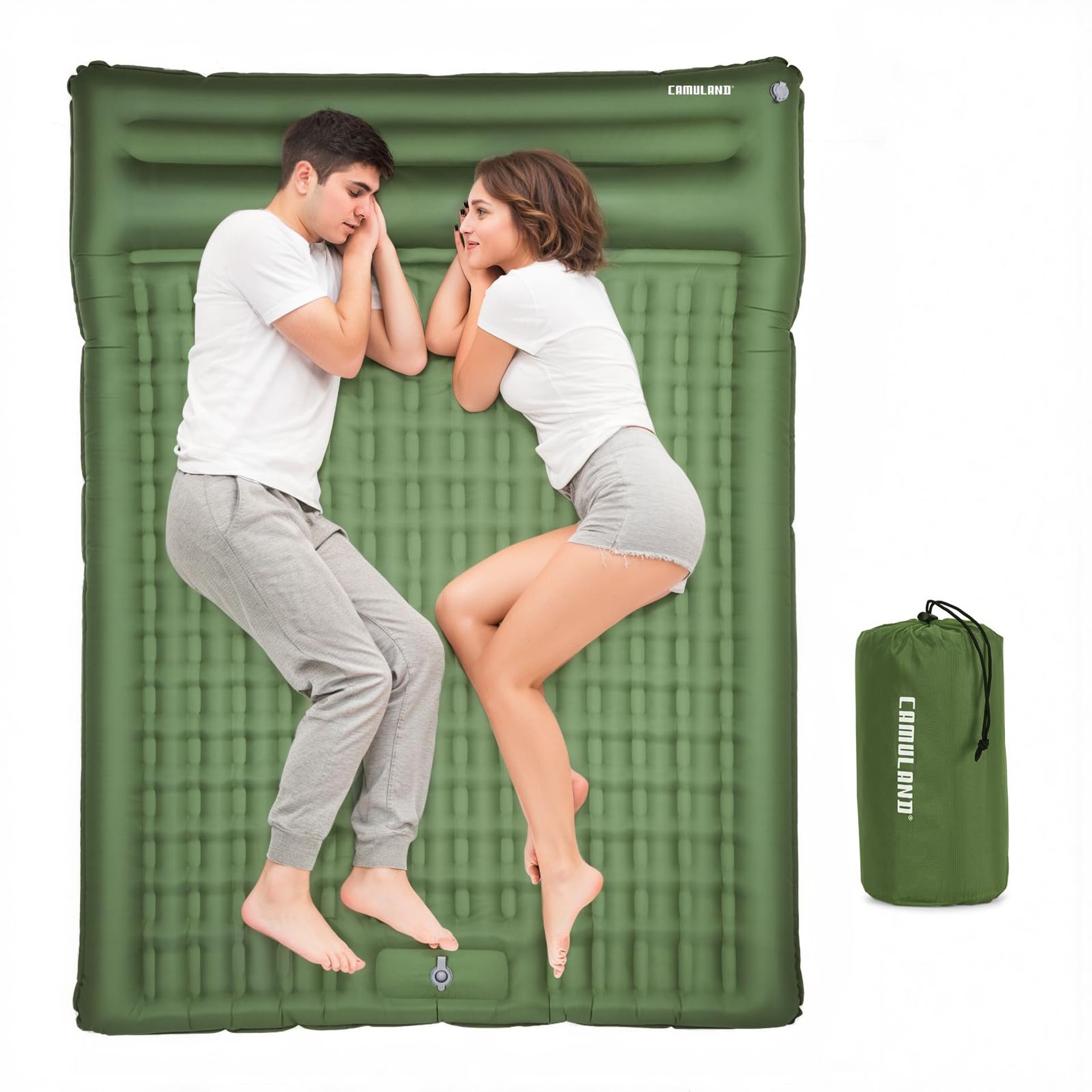 Double Camping Sleeping Pad 4.7in Self-Inflating Mat with Built-in Pillow & Foot Pump for 2 People - Olive Green Double
