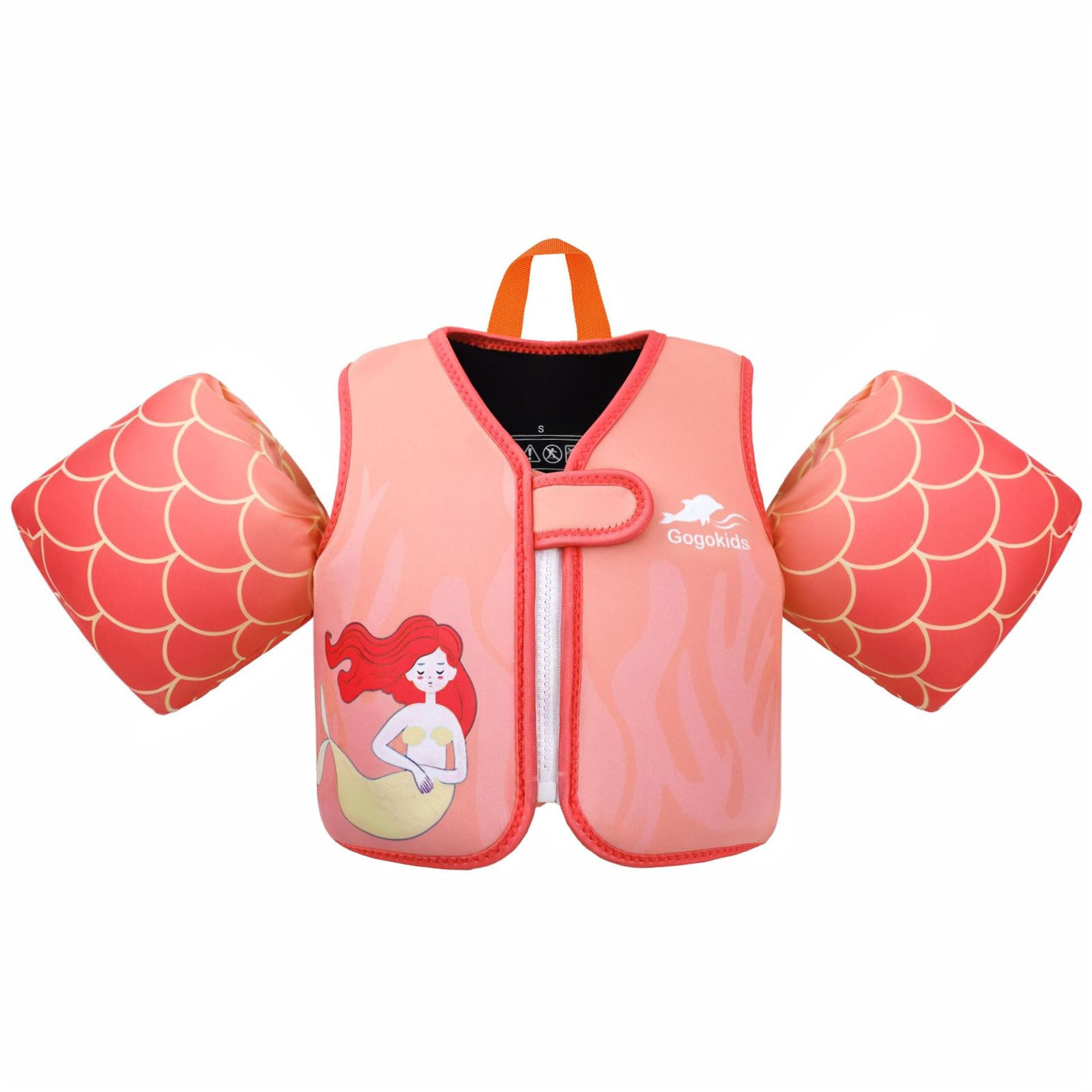 Kids Swim Vest Arm Bands for Toddlers, Buoyancy Float Jacket for 2-3 Years, Adjustable Safety Flotation Aid for Pool and Beach - Orange Mermaid