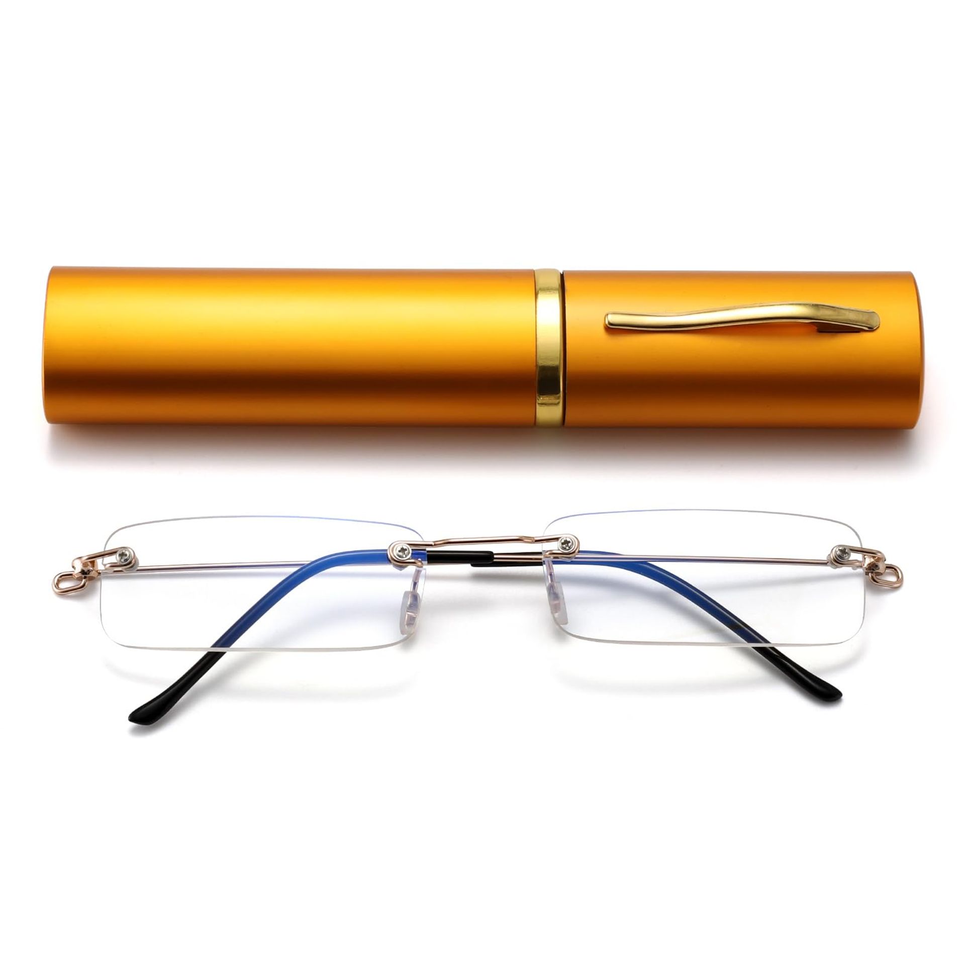 Rimless Blue Light Blocking Reading Glasses Slim Metal Computer Readers with Case - Gold 2.50