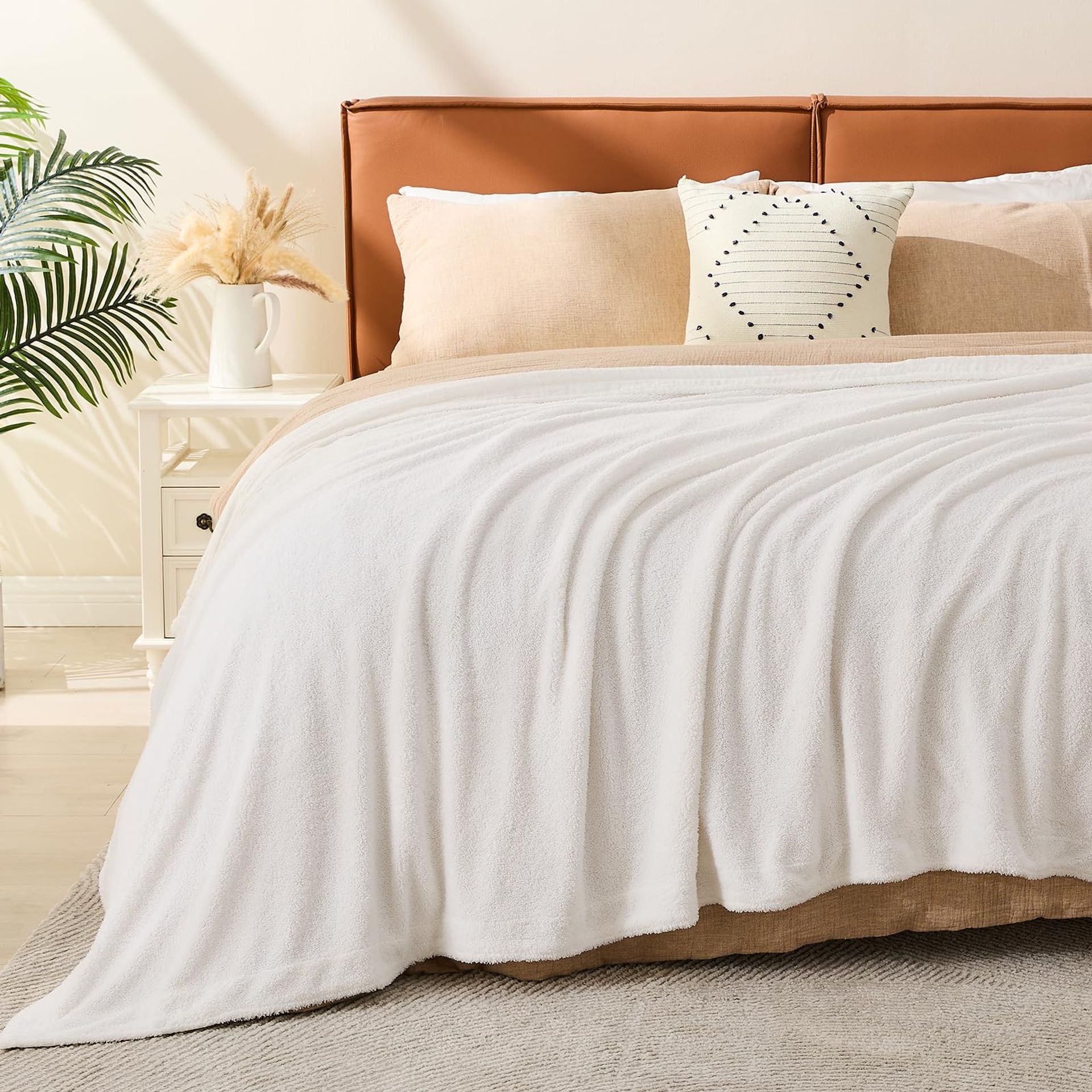 Knitted Fluffy Fleece & Cotton Muslin Throw Blanket Soft Lightweight Bedspread for Sofa or Bed - Cream Twin