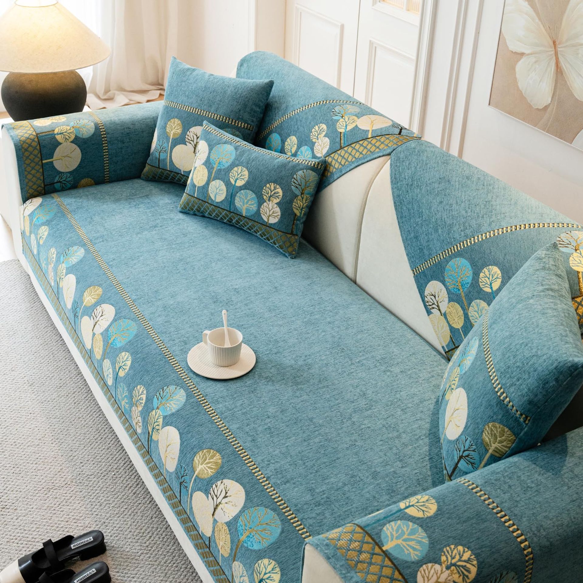 Sectional Sofa Cover Boho Print Washable Non-Slip L Shaped Couch Protector for Pets - Light Blue 35"x83" - Spring Refresh