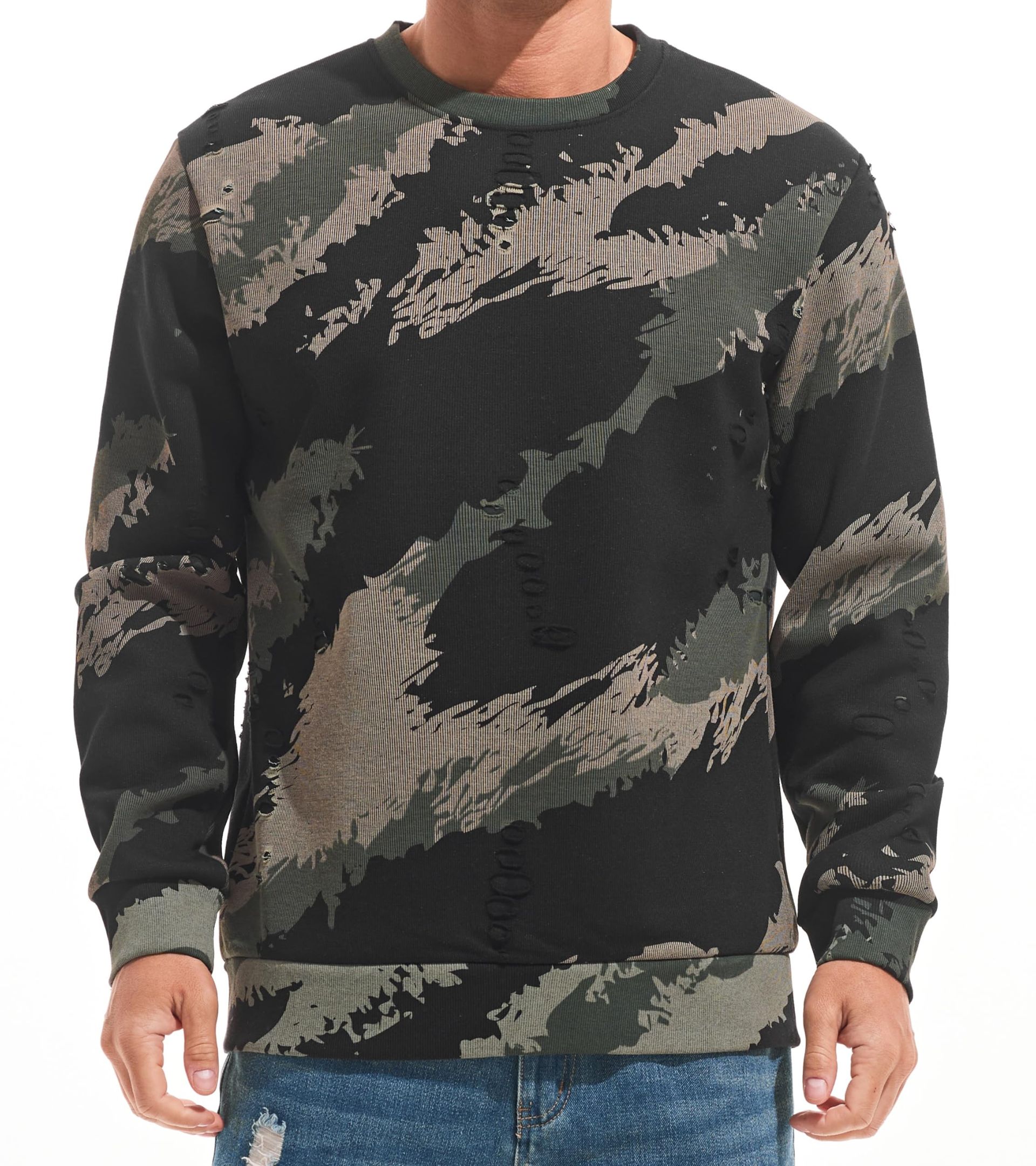 Men's Round Neck Sweatshirt Thick Plush Pullover Soft Cotton Blend - Black Green L