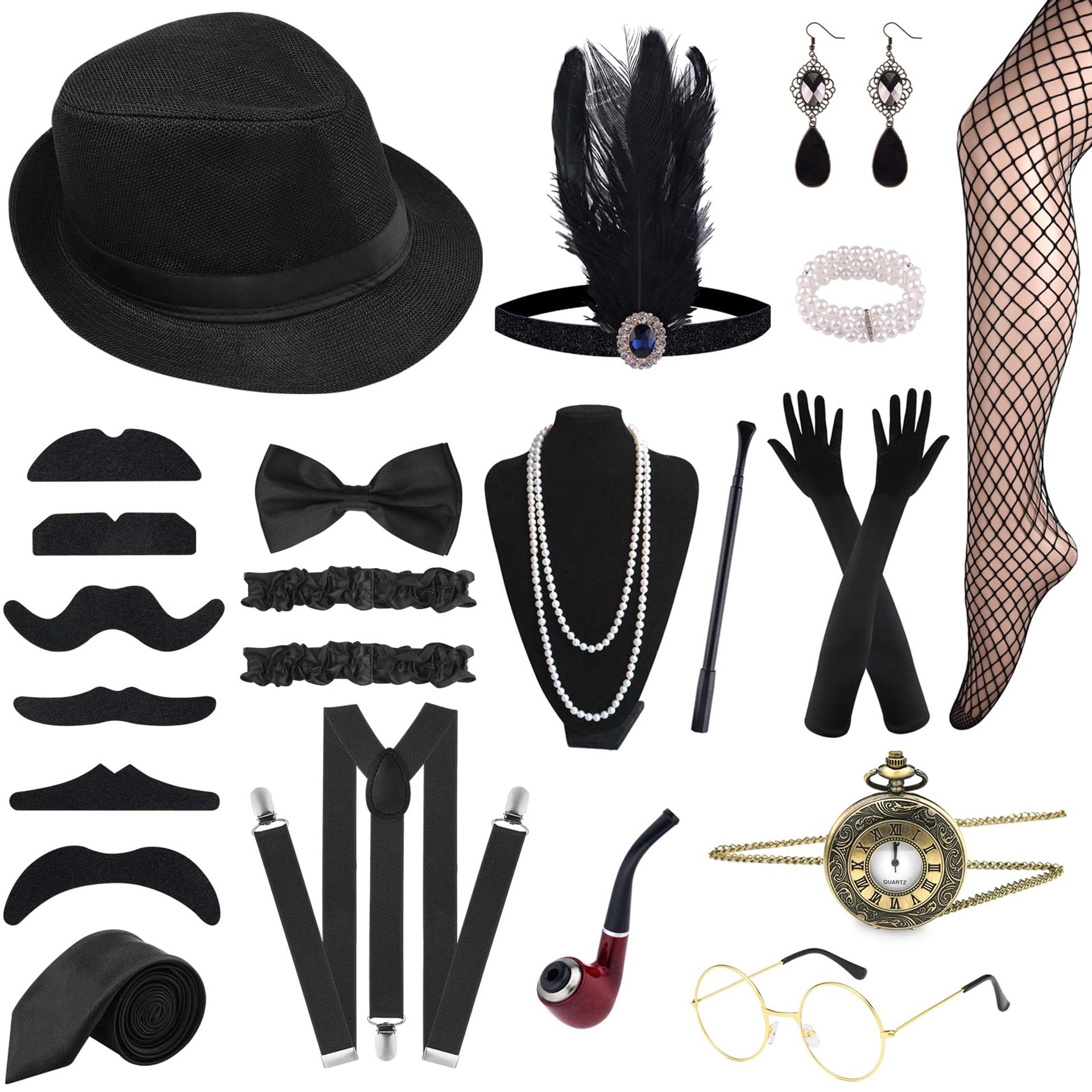 1920s Men's & Women's Costume Accessories 19 Piece Retro Gangster Fancy Dress Set with Hat, Bow Tie, Suspenders & Pocket Watch - Black One Size