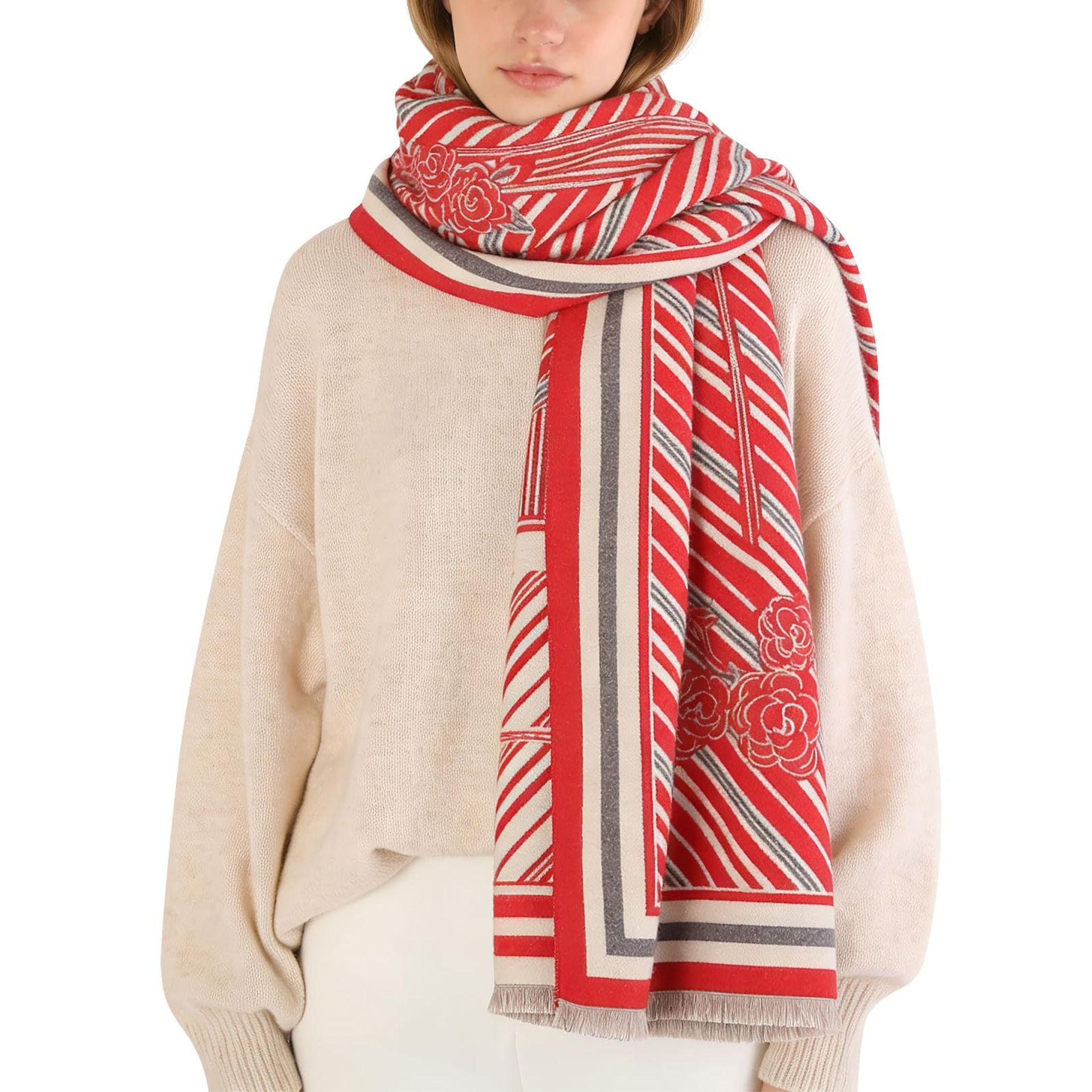 Women's Large Winter Scarf Warm Camellia Jacquard Shawl Wrap Gift Accessory - Red One Size