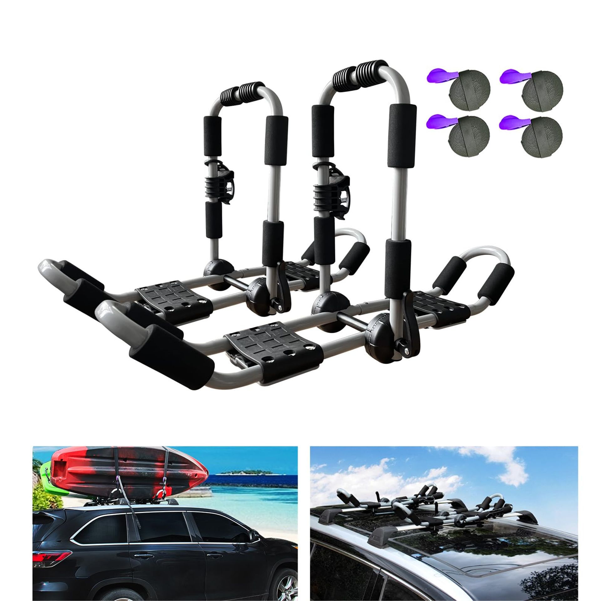 Kayak Roof Rack 4-in-1 Folding Adjustable J-Shape with 4 Tie Down Straps for Car, SUV or Truck Crossbars - Black Silver