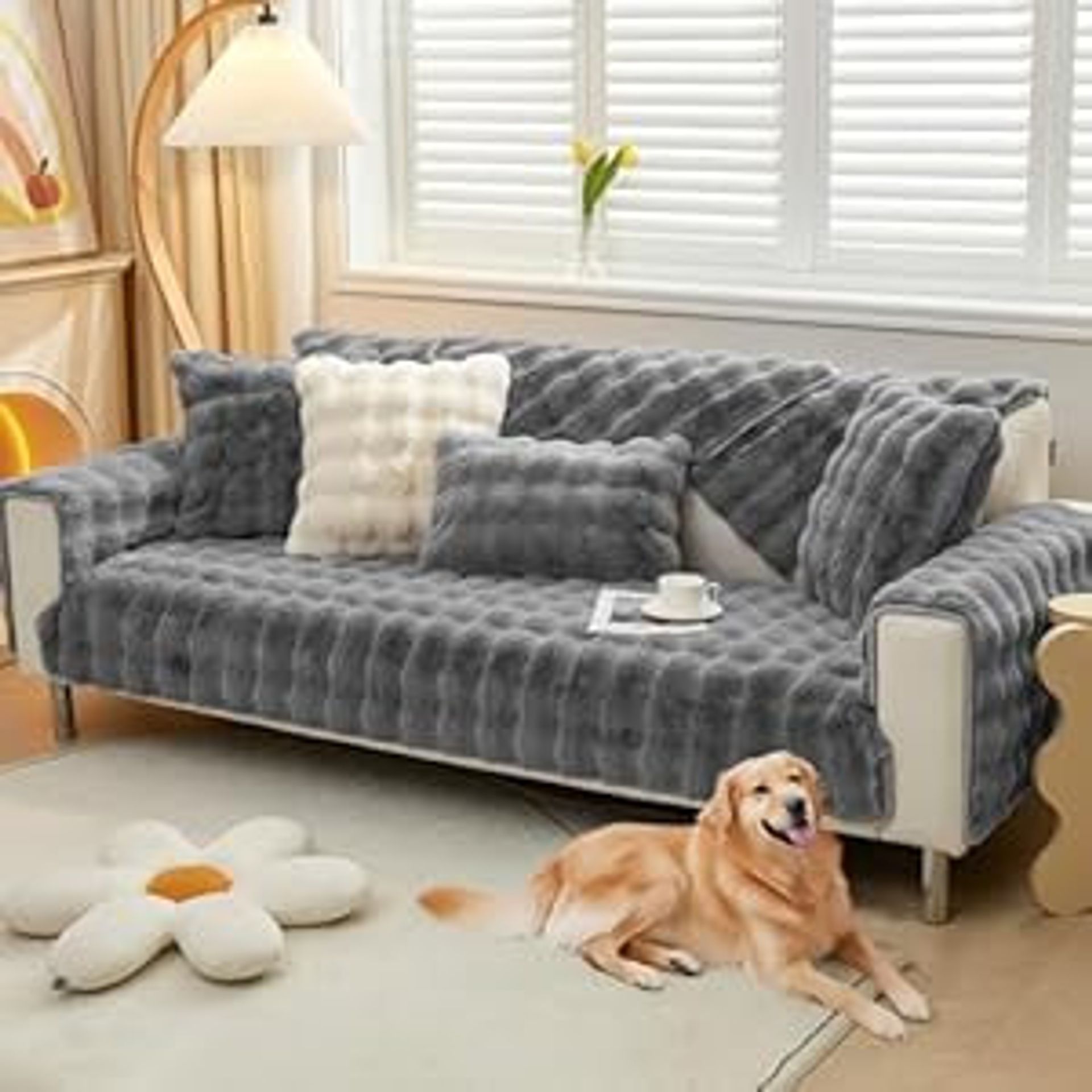 Faux Rabbit Fur Sofa Cover Non Slip Washable Pet Protector Soft Thick Cushion Throw - Dark Grey 90x210cm