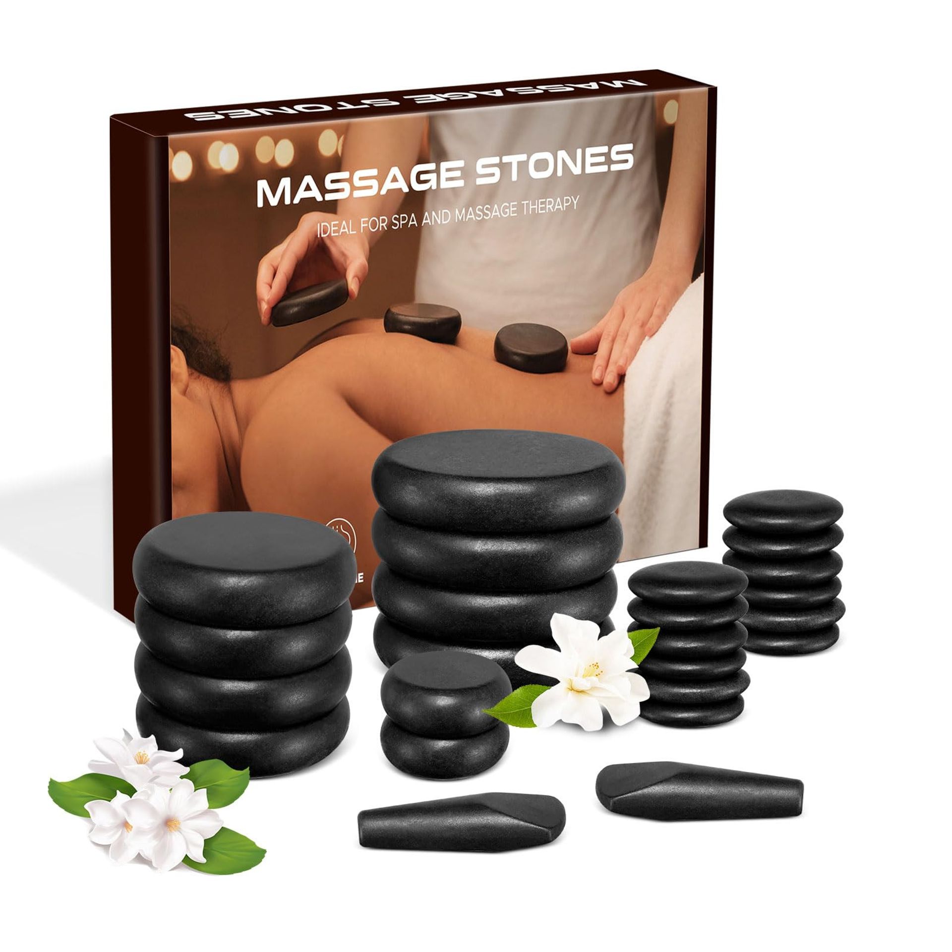 Hot Stone Massage Kit 24-Piece Basalt Rocks for Home Spa Therapy & Relaxation - Black Set