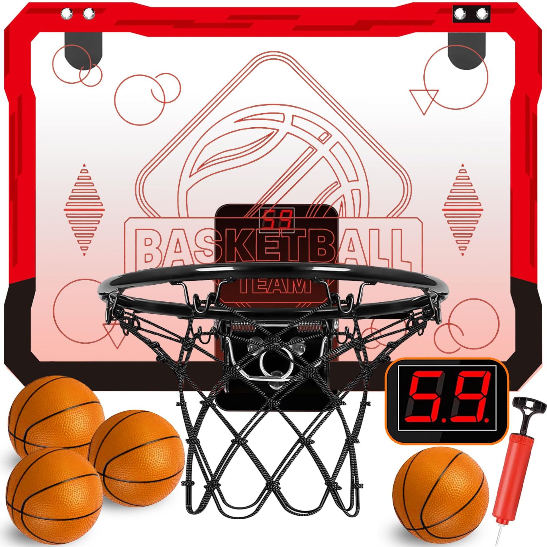 Indoor LED Basketball Hoop Set with 4 Balls & Automatic Scorer for Kids and Adults - Red Toys+209 - Student Essentials