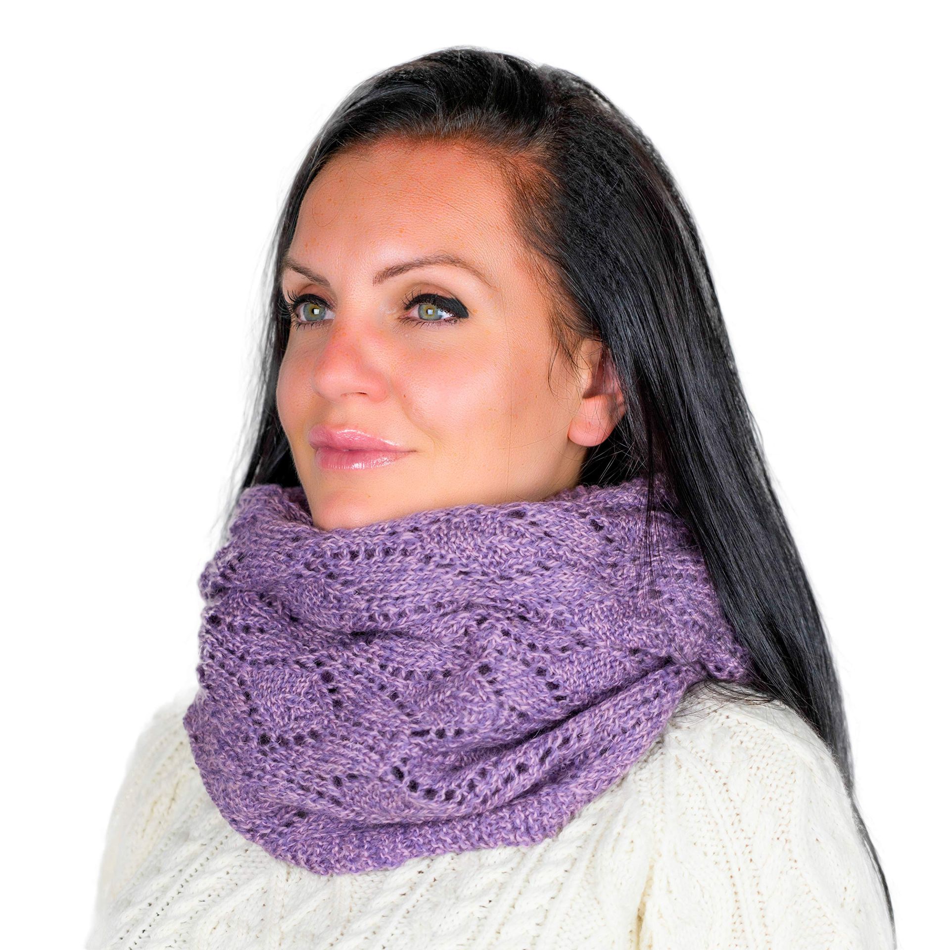 Women's 100% Fine Merino Wool Knitted Loop Scarf Soft Warm Winter Snood - Lavender One Size