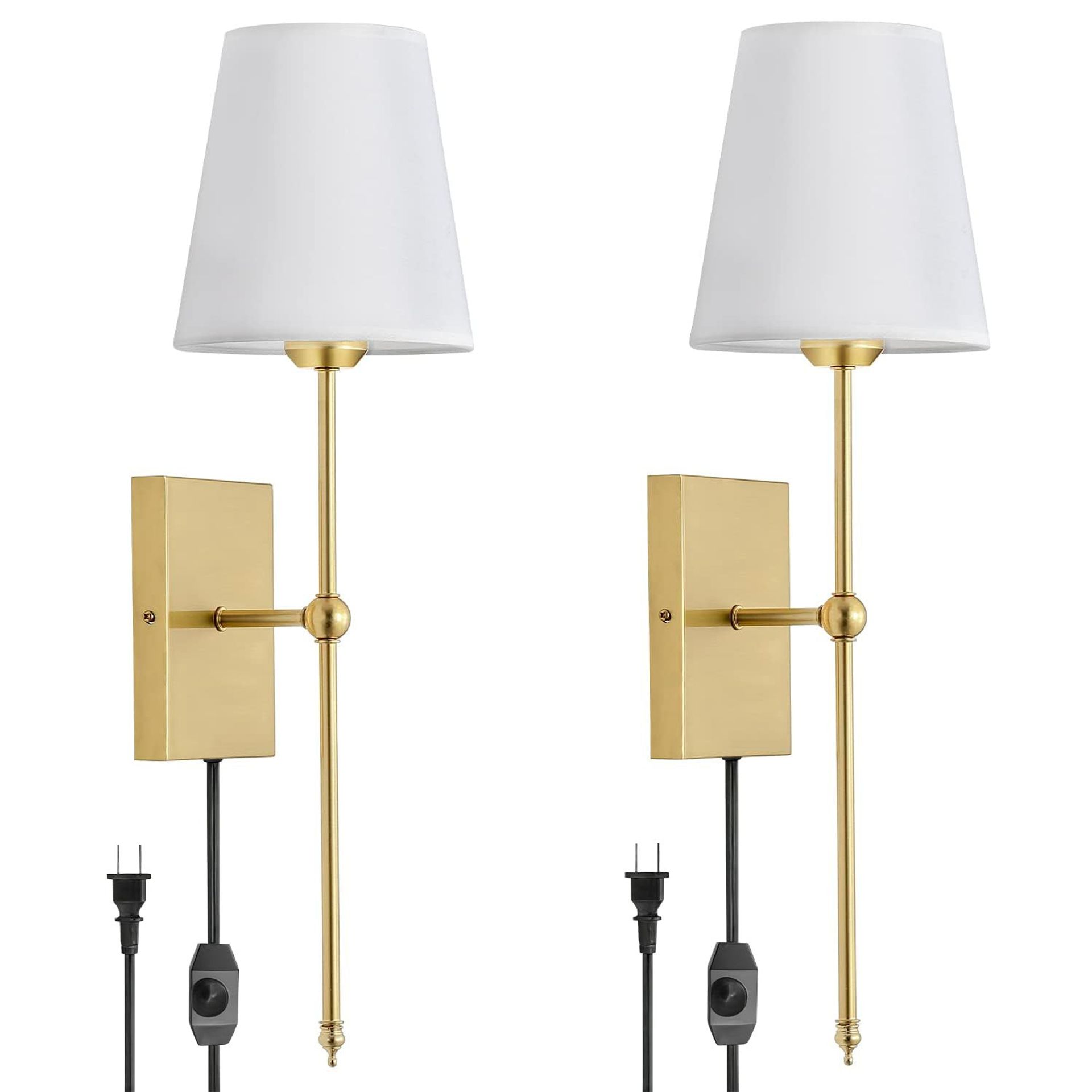 Modern Wall Light Set of 2 Fabric Shade Hardwired Indoor Sconce for Bedroom or Bathroom - Brass Straight