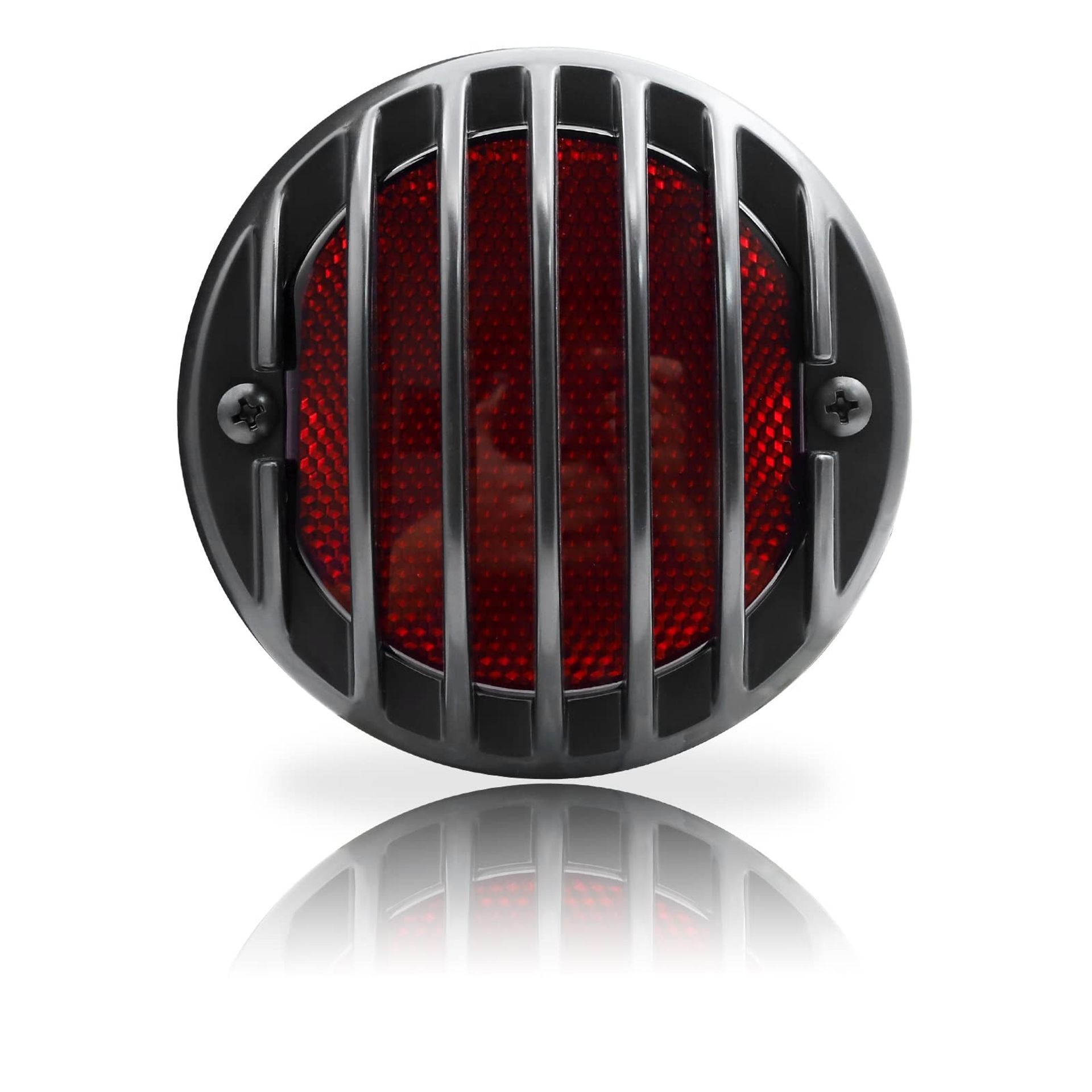 Motorcycle Rear Tail Light 12V Round Red Lens Brake Stop Lamp with Licence Plate Light Grille Ribbed Design - Red Metal