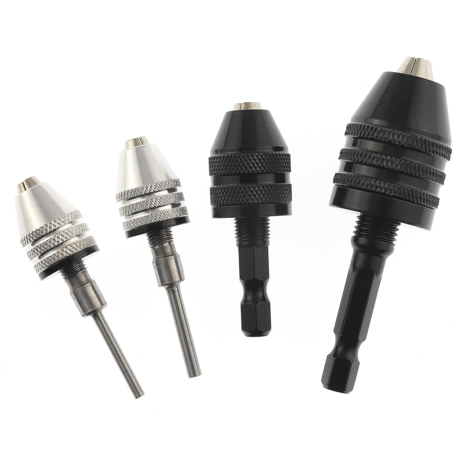 Keyless Drill Chuck Conversion Tool Set Quick Change Adaptor 4Pcs 1/4 Inch Hex Shank for Micro Drill Bits 0.3–6.5mm - Black Silver