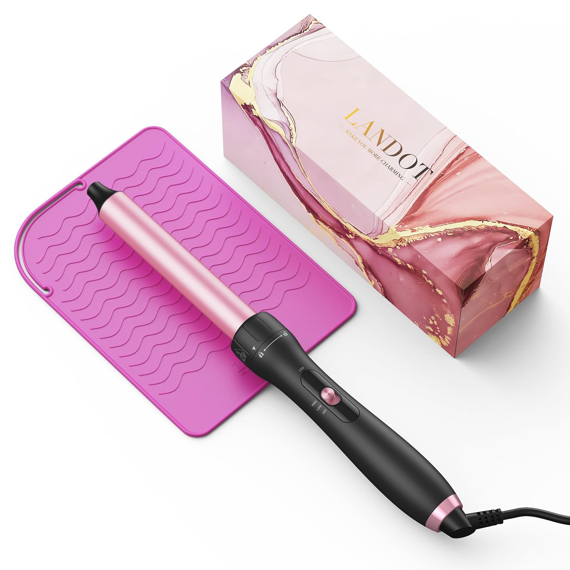 Hair Curling Wand Detachable 25mm Barrel Clip-Free Curler Dual Voltage Adjustable Temperature Includes Glove & Mat - Rose Gold 25mm