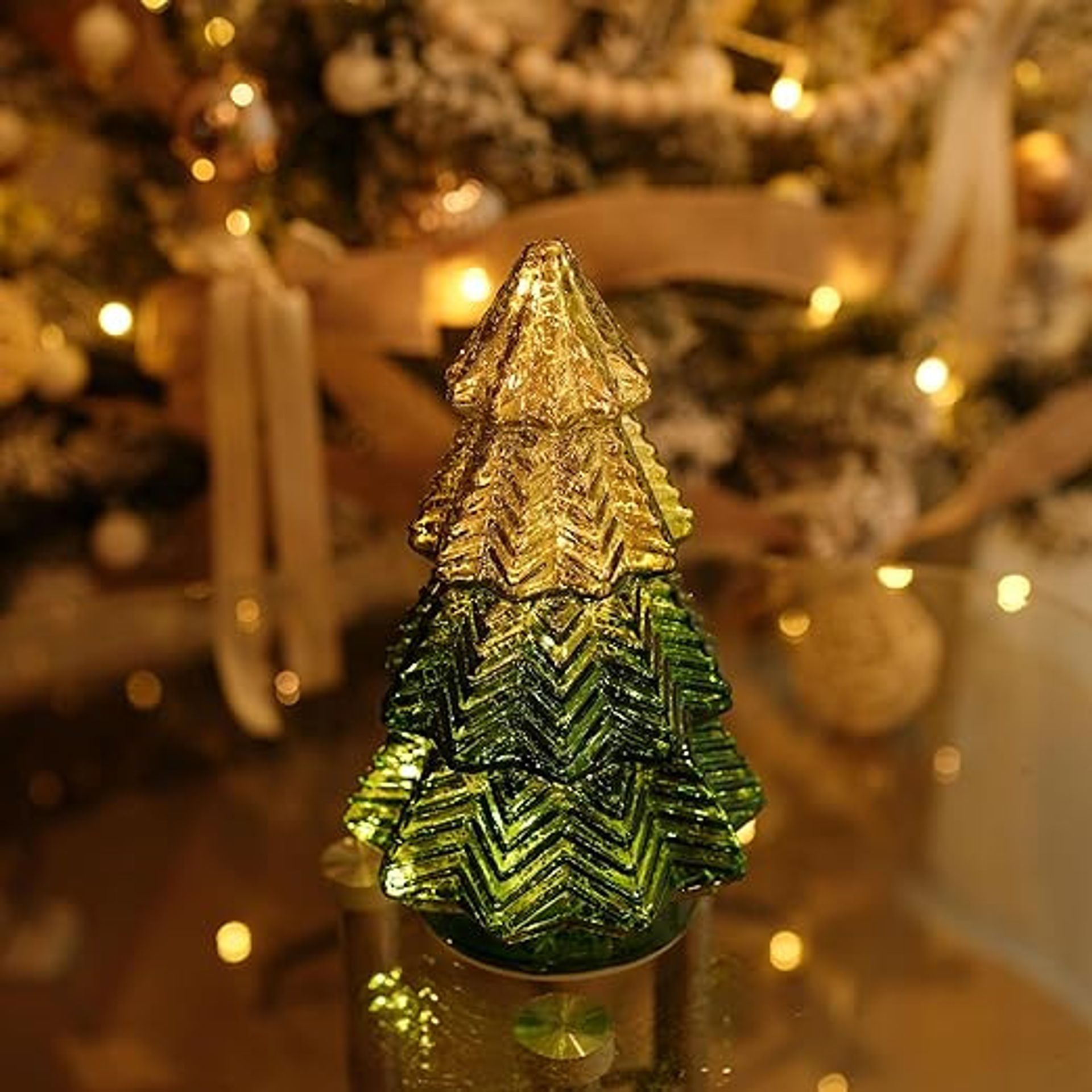 LED Glass Christmas Tree with Crackle Wave Design & 6-Hour Timer, Battery-Operated Tabletop Décor, 8 inch Gold/Orange Lights