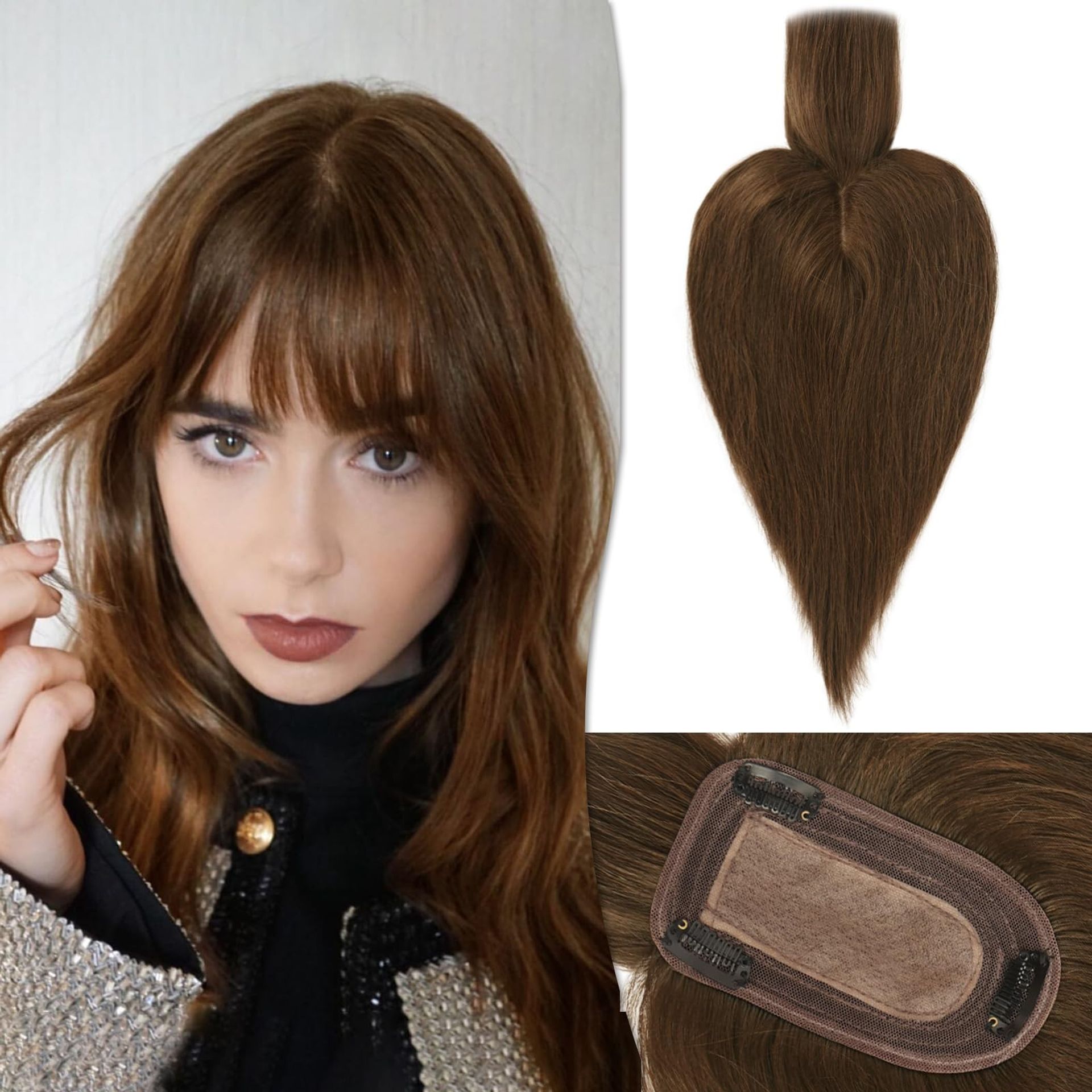 Human Hair Topper with Bangs for Women Silk Base Clip-in Wiglet for Thinning Hair - Medium Brown 10 Inch