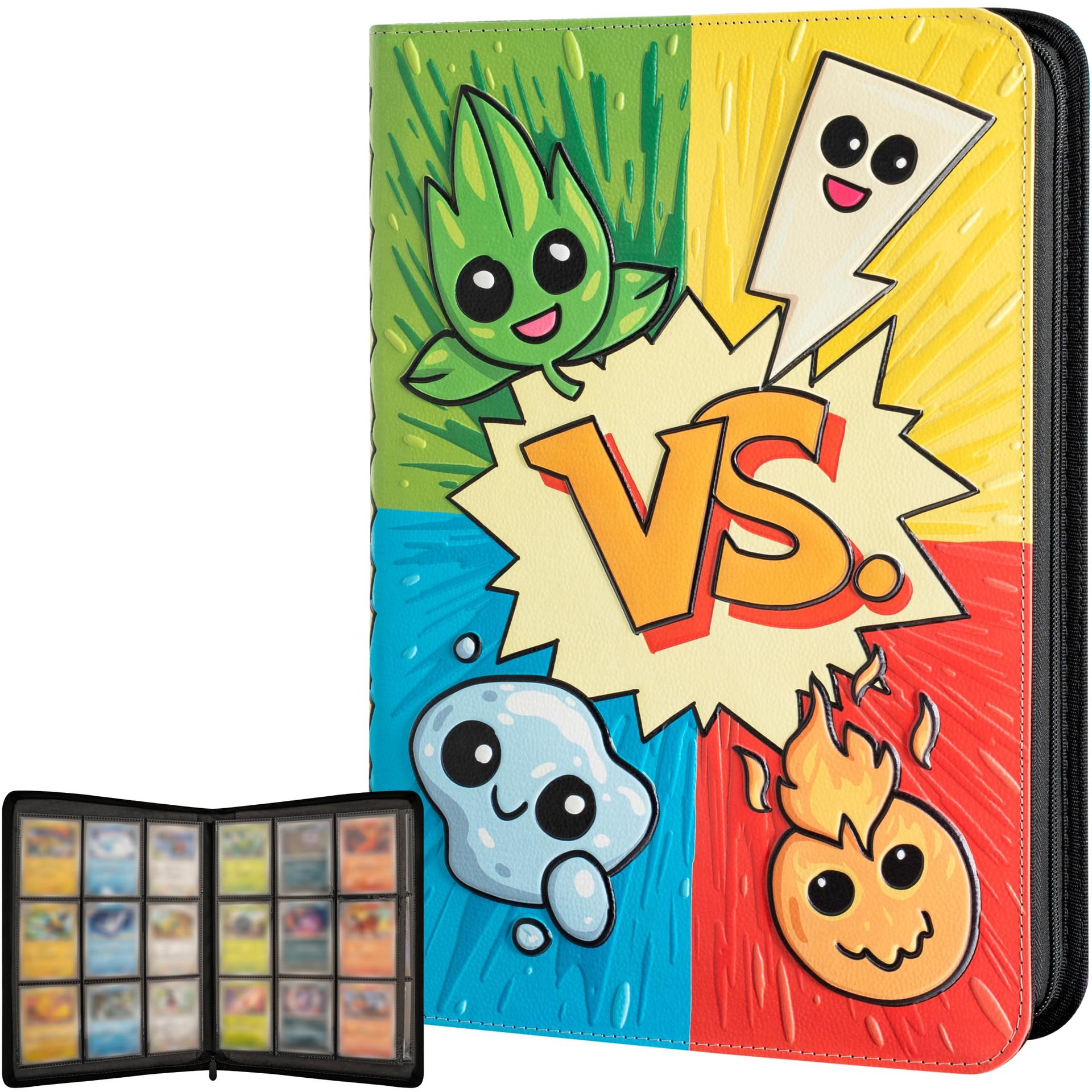 3D Trading Card Binder PU Leather Zipped Album 9 Pockets Holds 360 Cards - Poke Types LCB