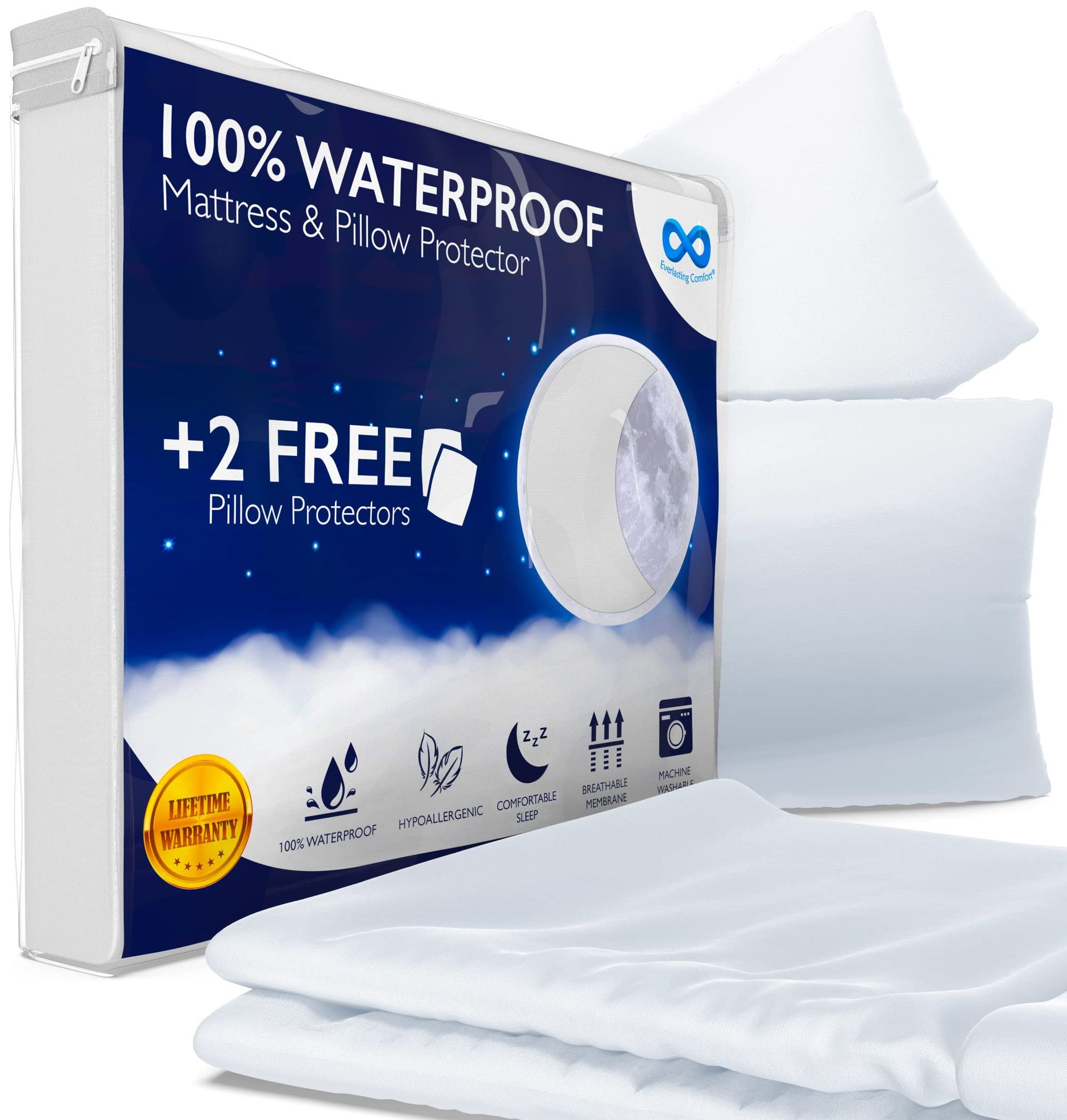 Waterproof Mattress Protector with 2 Pillow Protectors Hypoallergenic Deep Pocket Design Noiseless Machine Washable - A. Double