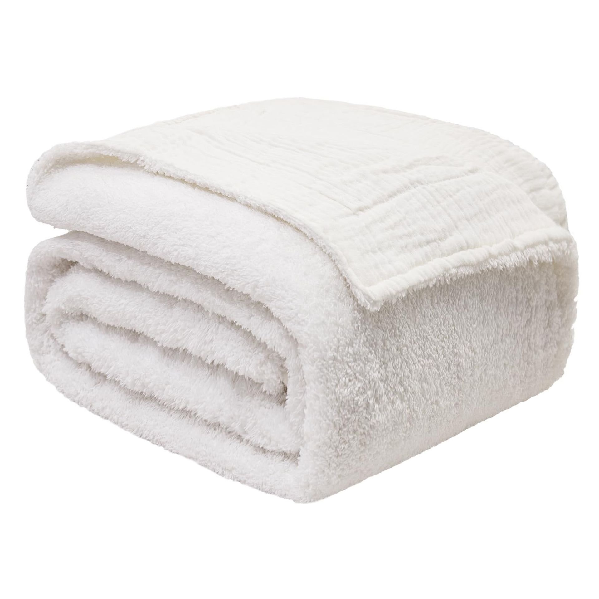 Knitted Fleece & Cotton Muslin Throw Blanket Soft Lightweight Cosy Bedspread for Sofa or Bed - Cream 127 x 152cm - Spring Refresh