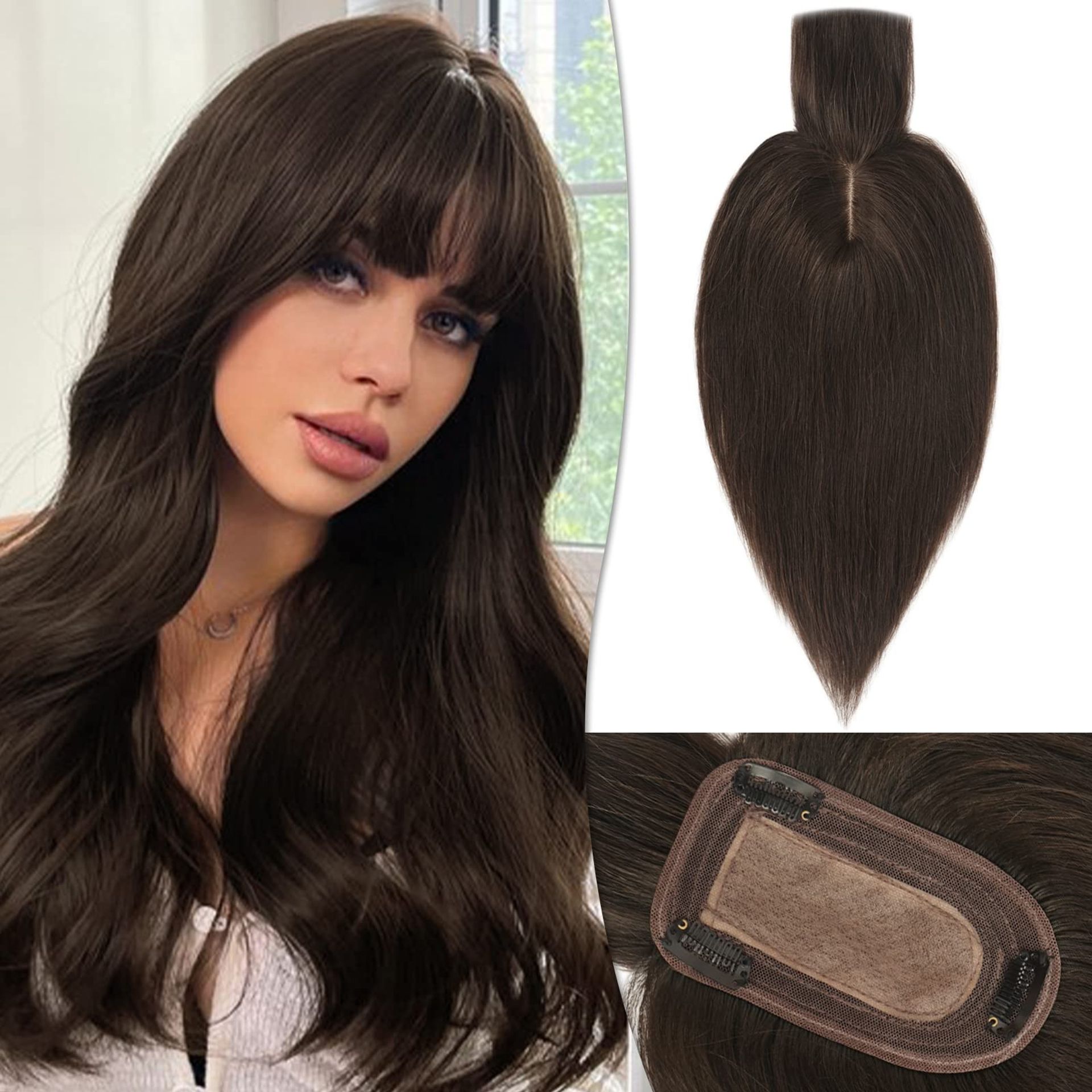 Human Hair Topper with Bangs for Women 100% Real Remy Hair Clip-In Wiglet for Thinning Hair - Medium Brown 12 Inch
