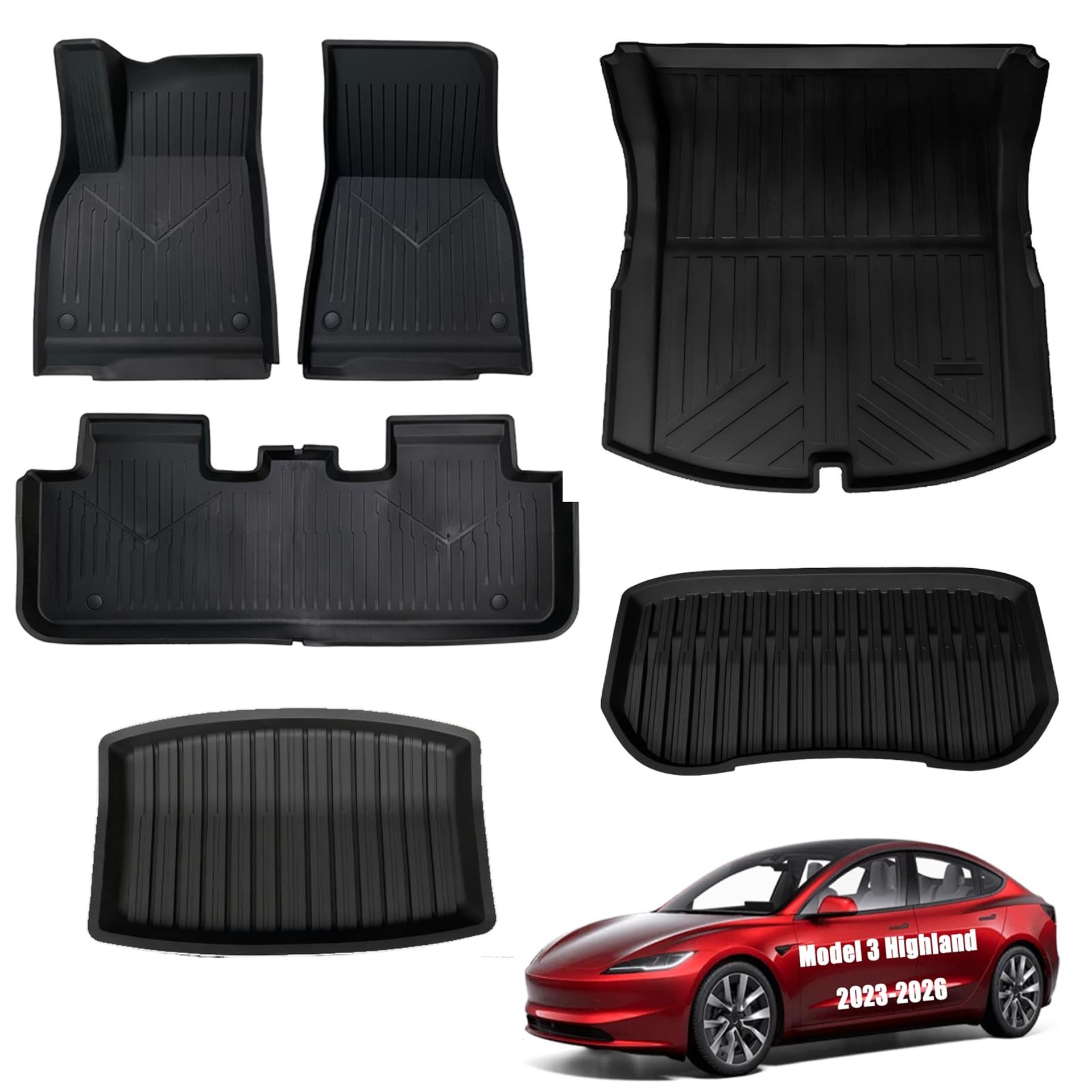 6 Piece Floor & Boot Mat Set for Tesla Model 3 Highland 2024/2025 TPE All-Weather Custom Fit Car Liners - Black 6PCS Style