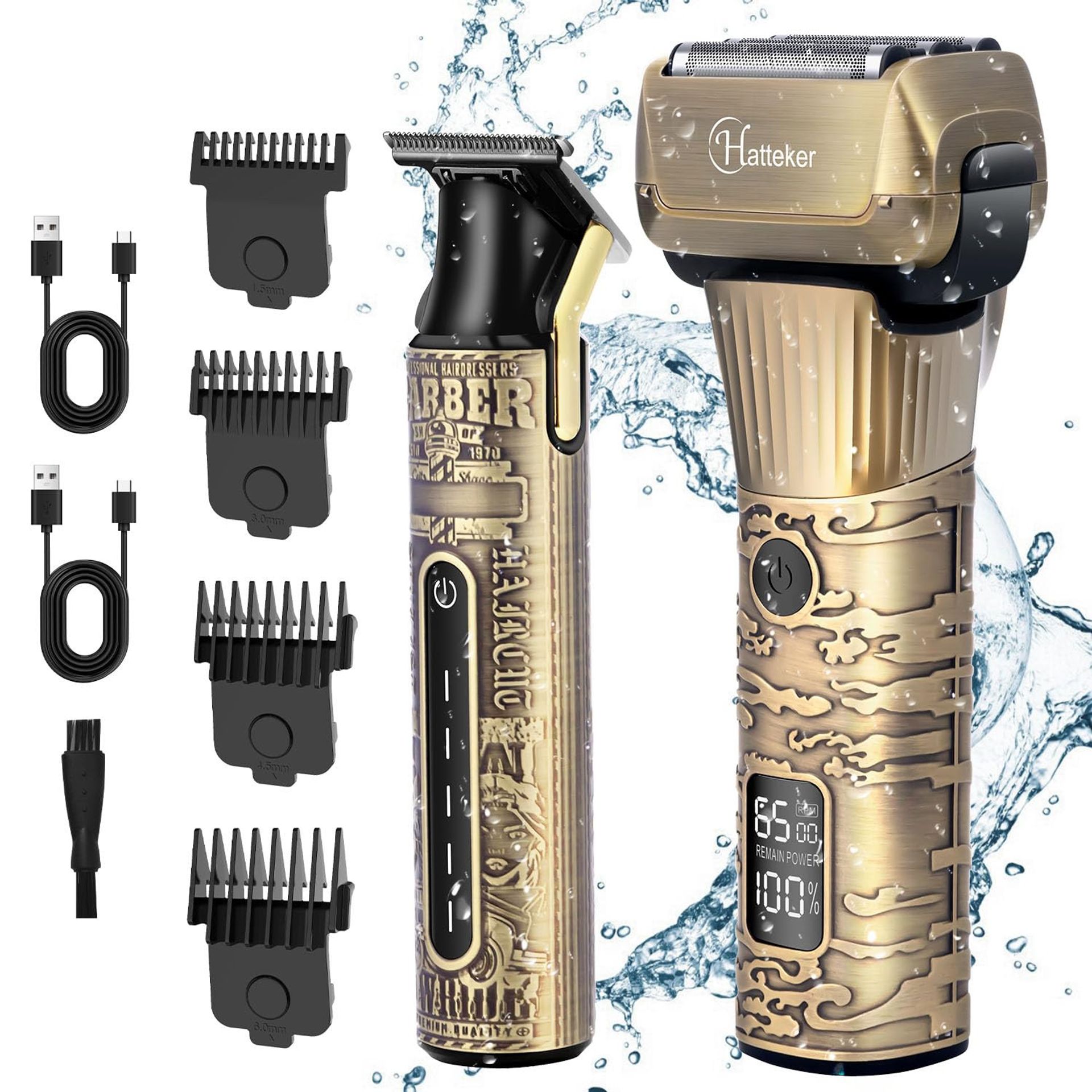 Foil Shaver Electric Razor Men's Beard Trimmer Hair Clipper Waterproof 2-in-1 LED Display - Black WKDE-607