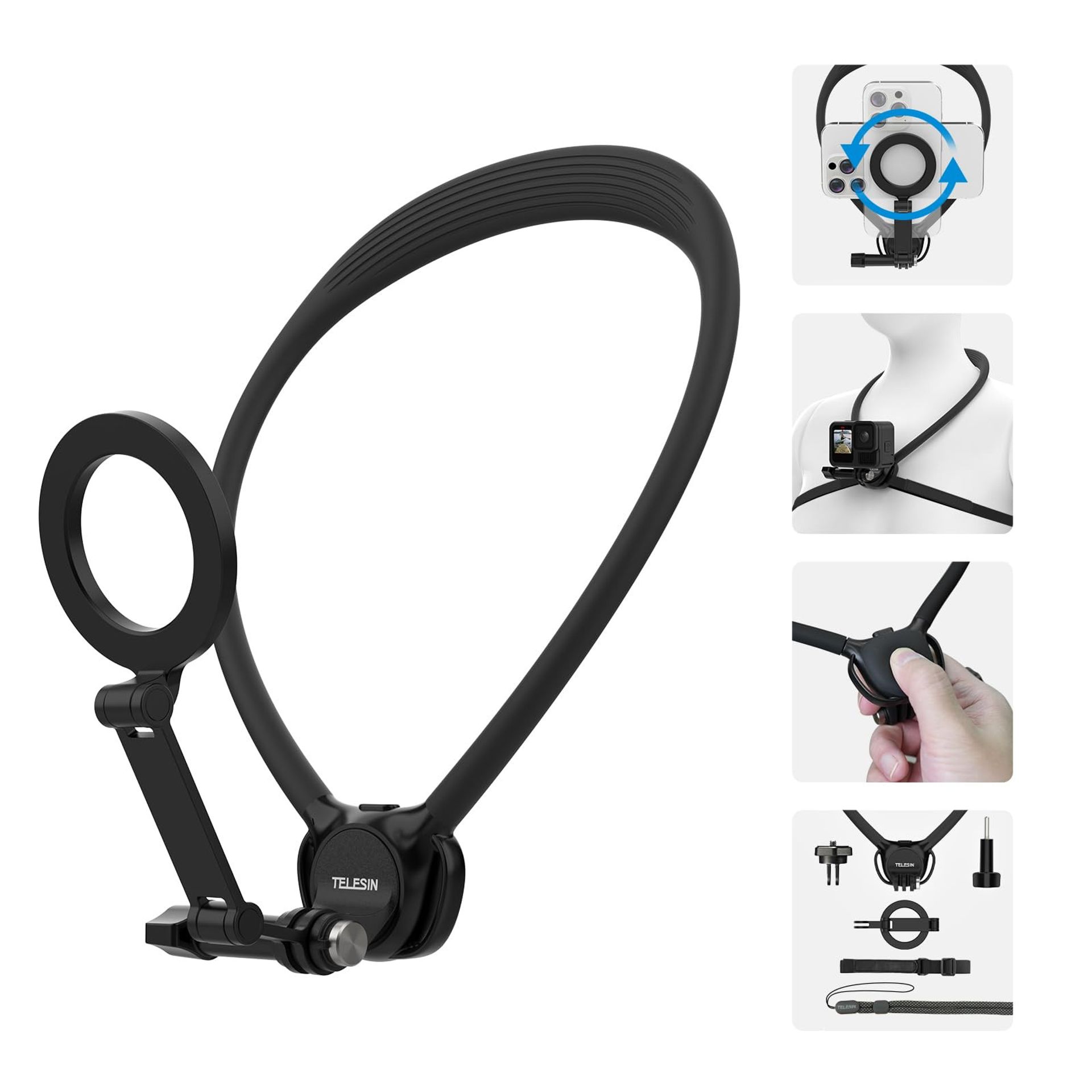 Magnetic Neck Mount Phone Holder TELESIN SE 2.0 Hands-Free POV Strap for iPhone Samsung GoPro DJI Insta360 - Black Se 2.0