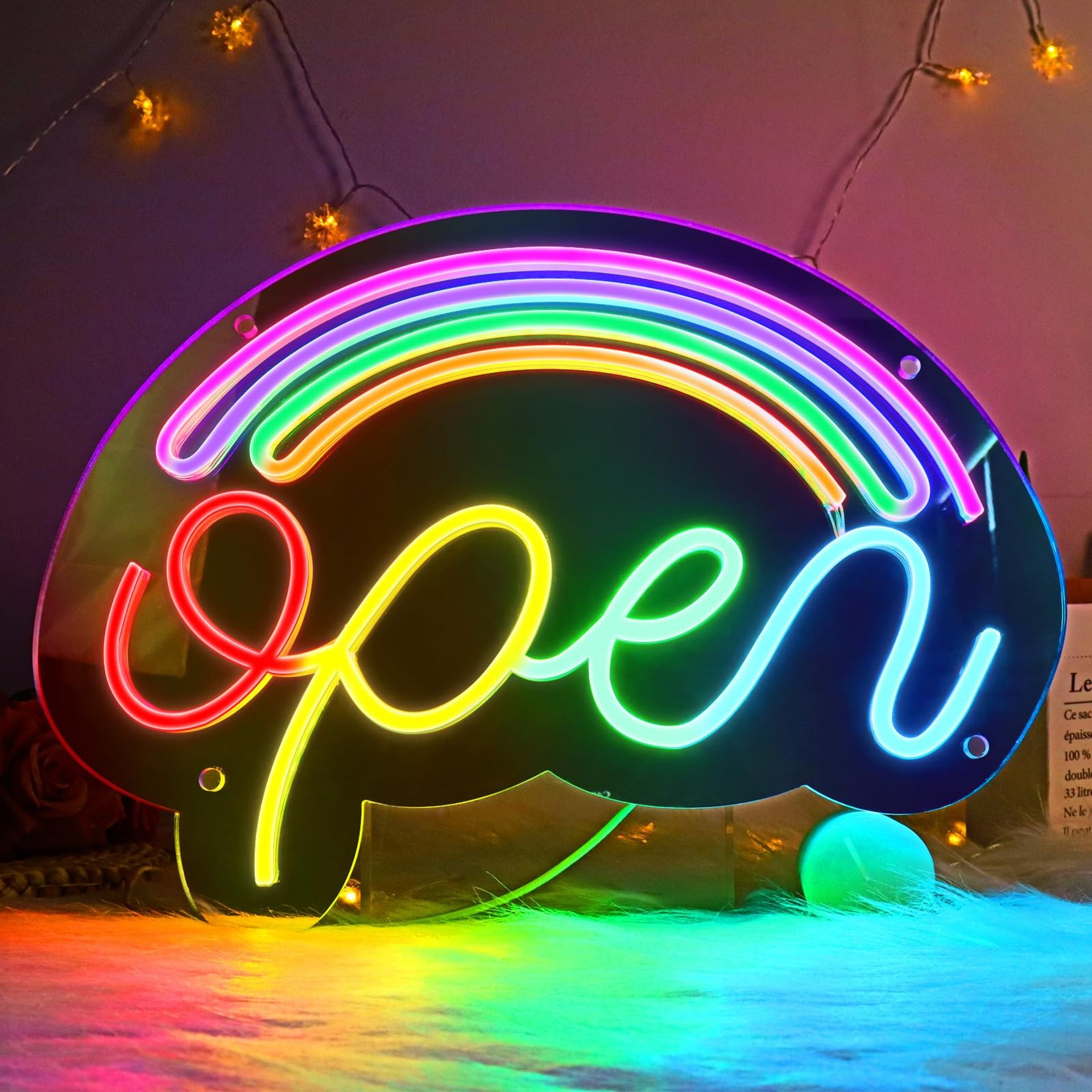 LED Open Neon Sign Dimmable Business Light with USB Power & Wall Mount - Rainbow 17x12