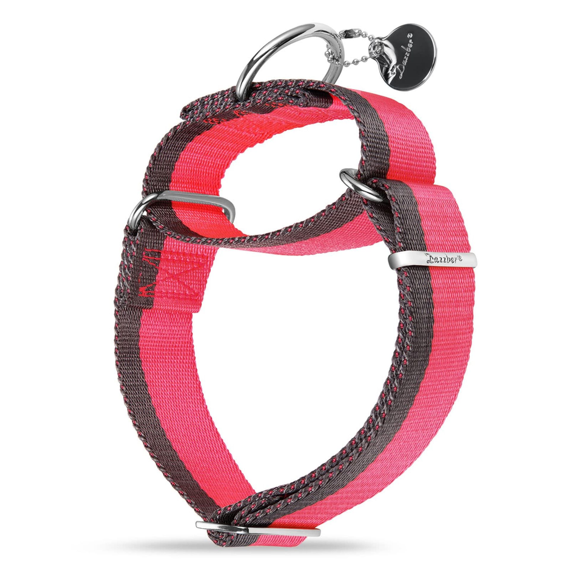 Martingale Dog Collar No Pull Heavy Duty Nylon 4cm Wide Adjustable for Medium to XLarge Dogs - Hot Pink & Grey Large