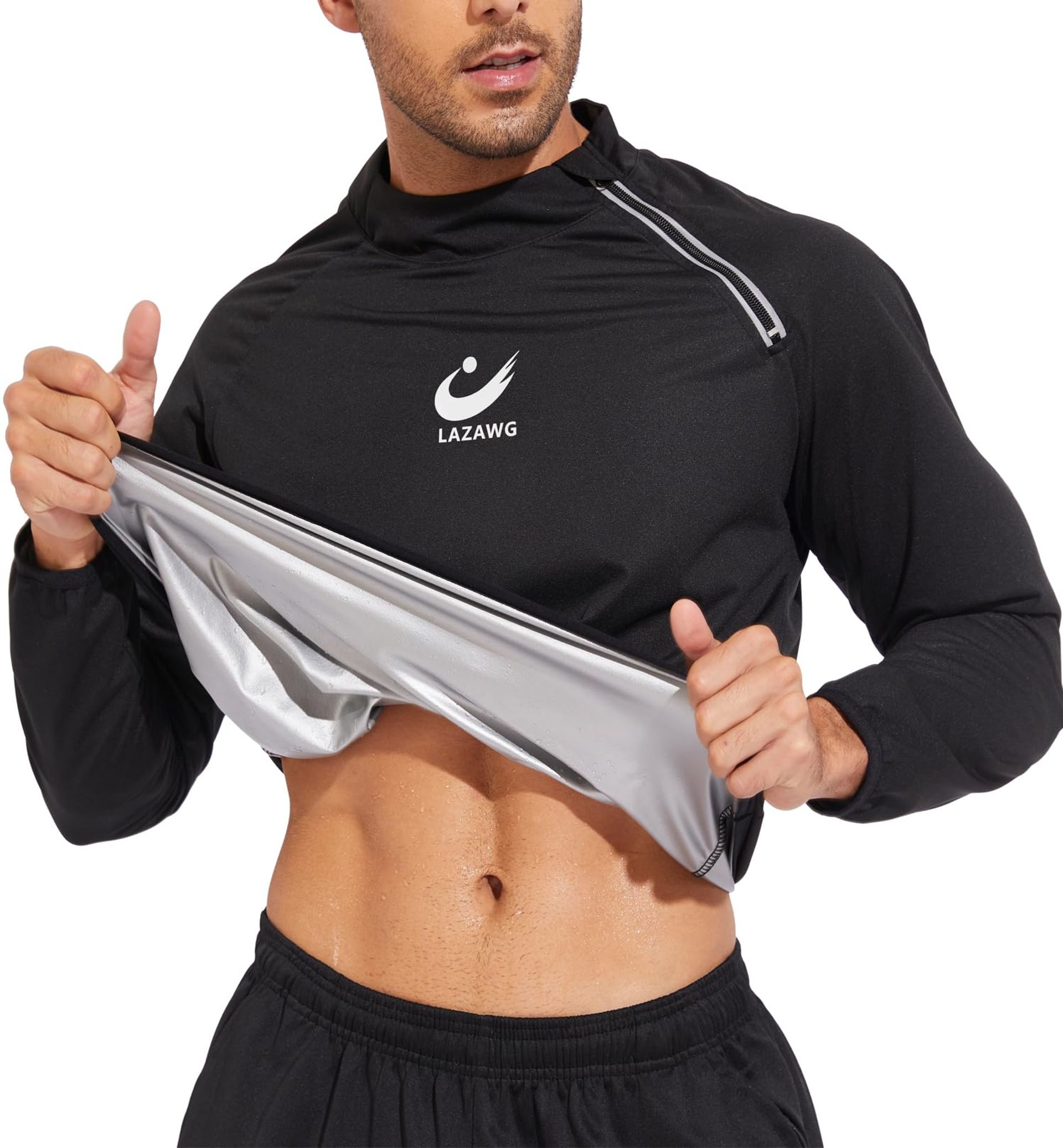 Men's Sauna Jacket Long Sleeve Sweat Suit Fast Heating Workout Top - Black XXL