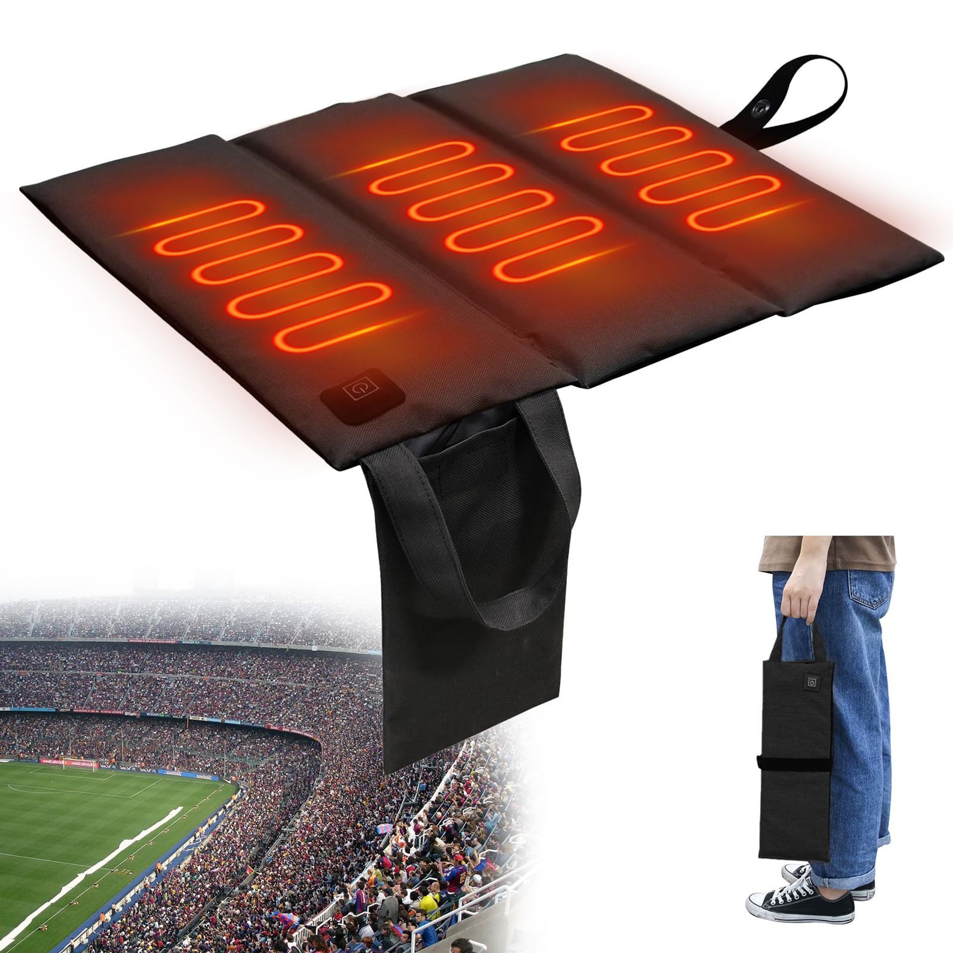 Heated Stadium Seat Cushion Pad Cordless USB Rechargeable with 3 Heat Settings Ideal for Camping, Fishing & Outdoor Events - Black Large