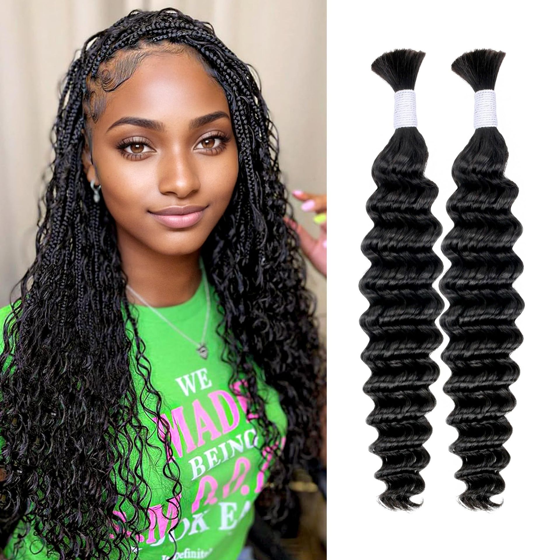 Deep Wave Bulk Human Hair Extensions 100% Brazilian Virgin 2 Bundles 10A Grade for Braiding - Black 20 Inch