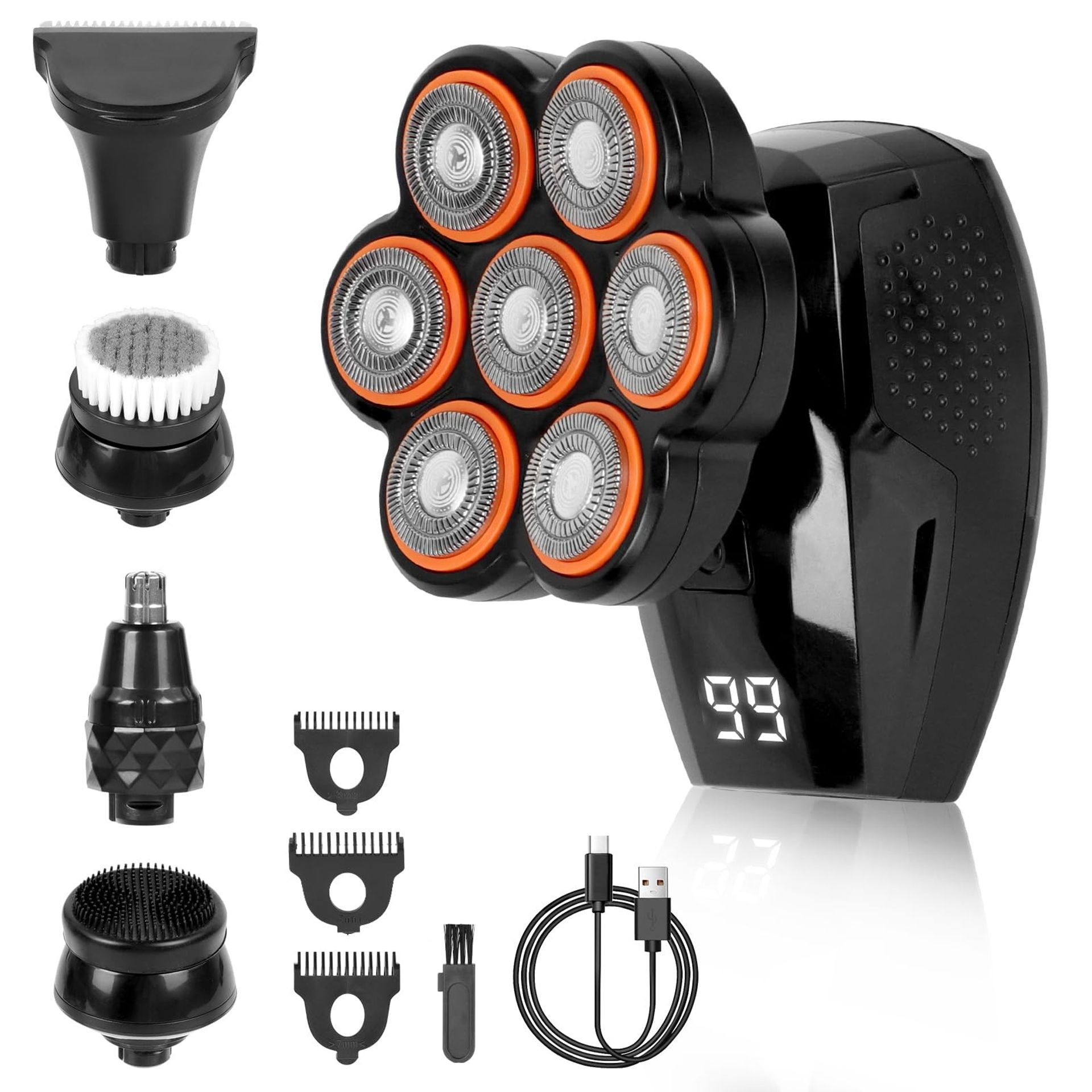 Electric Head Shaver for Bald Men 7D 5-in-1 Grooming Kit Waterproof with Trimmer & Fast Charge - Black ZCB143