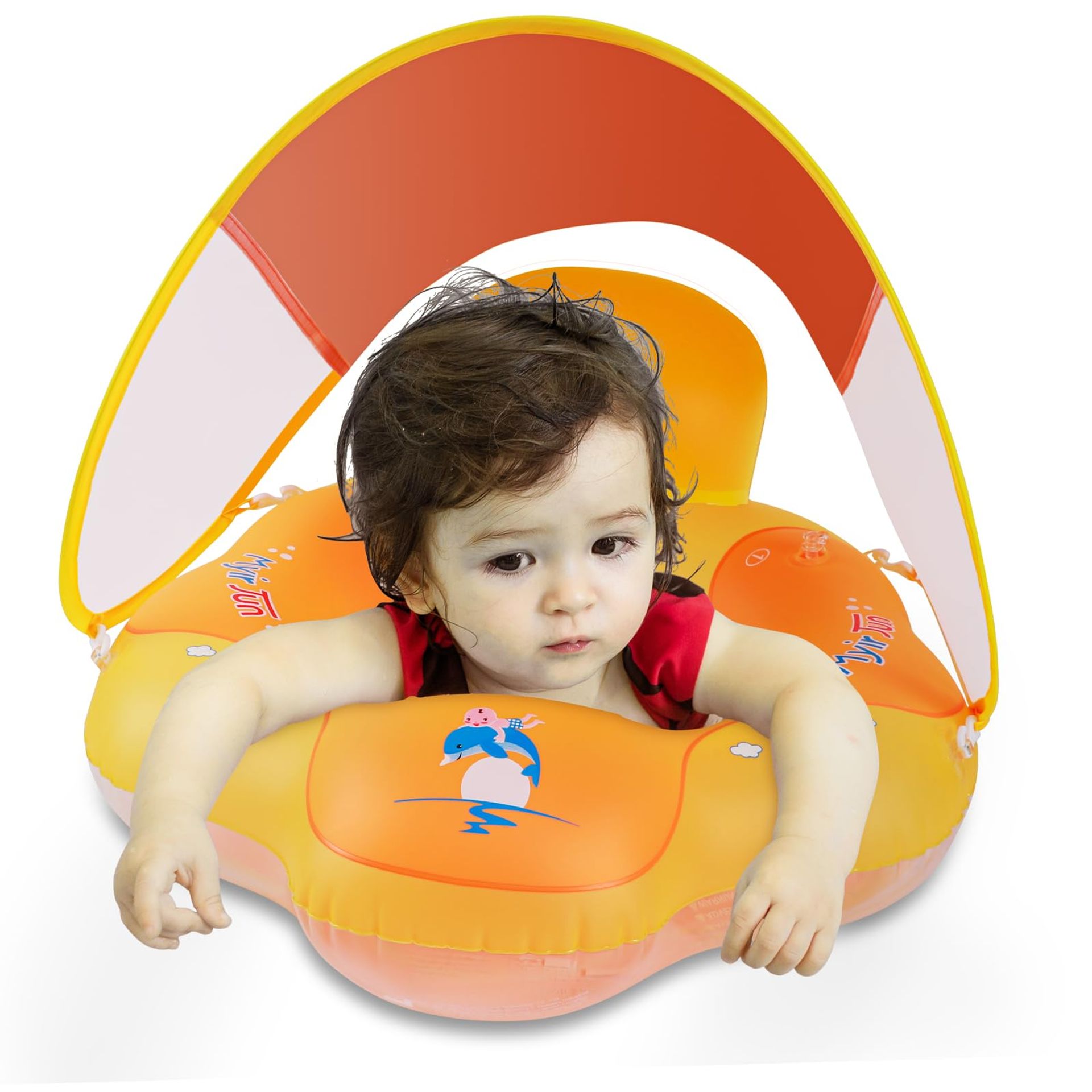 Baby Swimming Float with Canopy Inflatable Seat Adjustable Swim Trainer with Pump - Orange L