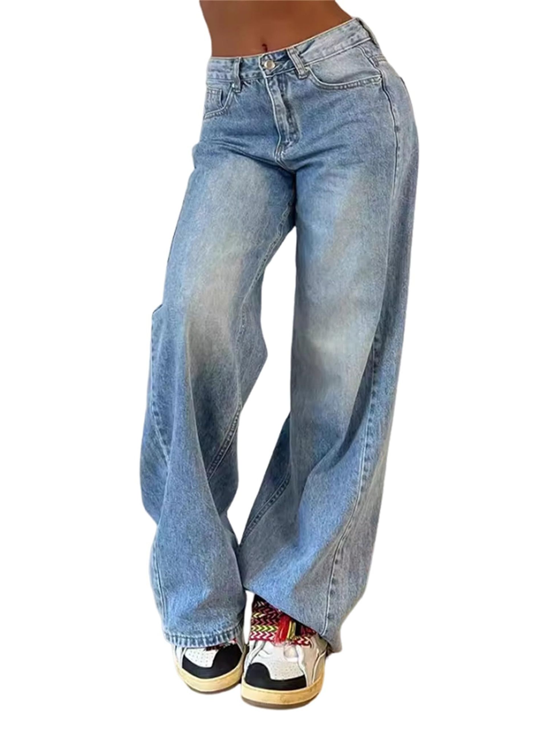 Women's Low Rise Baggy Jeans Y2K Wide Leg Loose Boyfriend Denim with Pockets - A-Blue XL