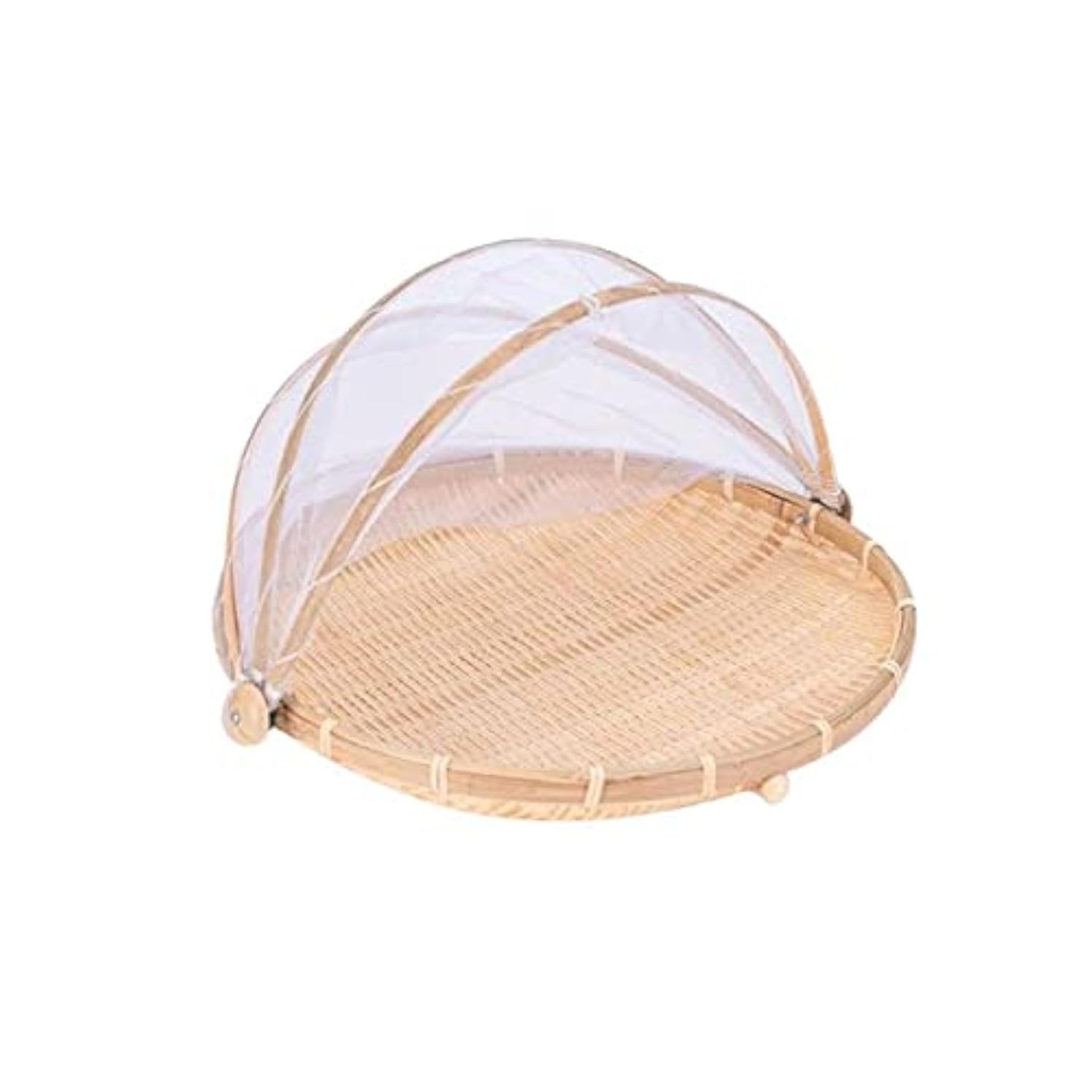 Round Bamboo Food Tent Basket with Lid for Bread, Fruit & Vegetables Storage - Brown 42 cm