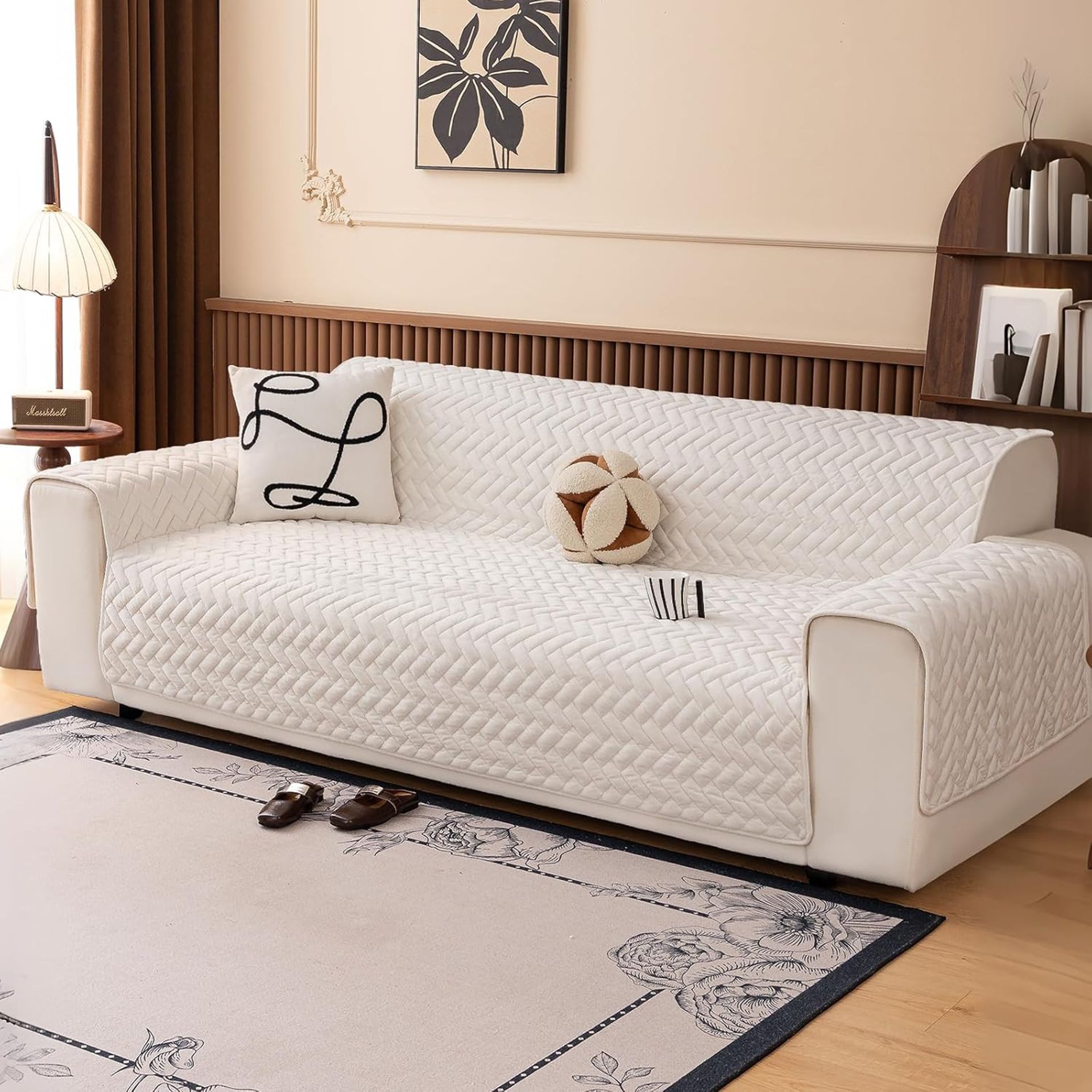 Quilted Velvet Sofa Cover 4 Seater Soft Washable Non-Slip Protector - Geometry White
