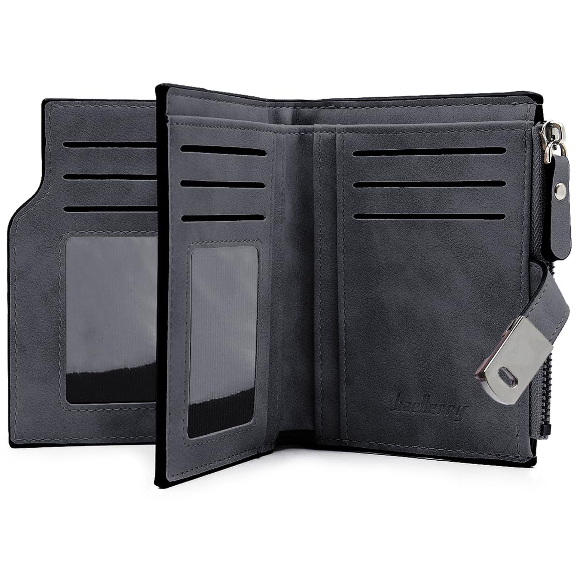 Women's PU Leather Small Bifold Purse with Zip Coin Pocket and 16 Card Slots - Black 12.5x10x1.5cm