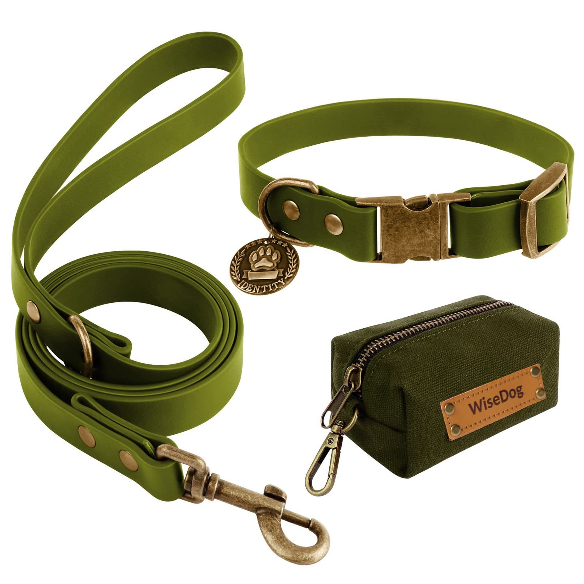 Dog Collar and Lead Set Combo Retro Adjustable Waterproof with Poop Bag Dispenser for Small Medium Large Dogs - Green XS
