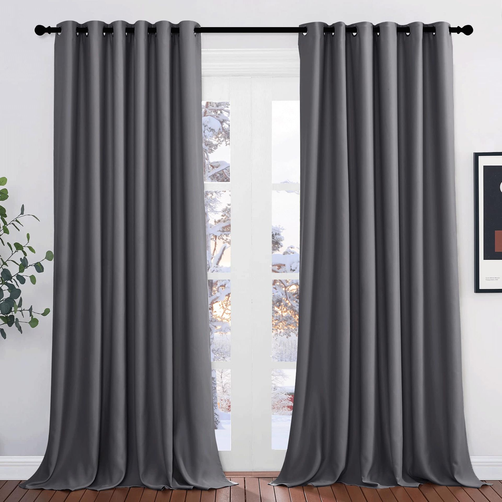 Thermal Blackout Curtains Energy Saving Extra Wide Eyelet Drapes for Bedroom & Living Room - Grey W90 x L108