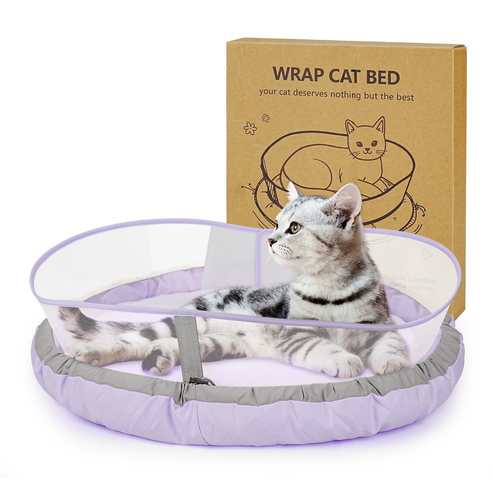 Fluffy Donut Cat Bed Soft Plush Cushion with Protective Shield for Indoor & Outdoor Pets - Purple M