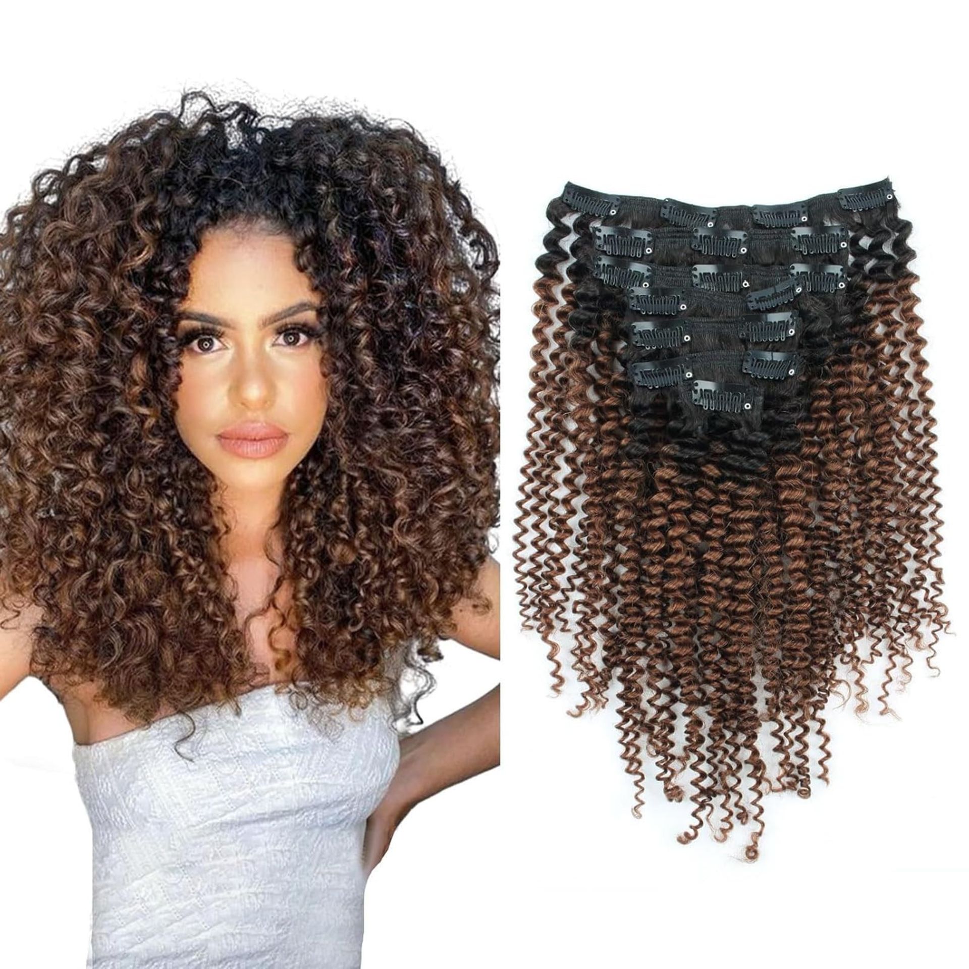 Kinky Curly Virgin Human Hair Clip-in Extensions Double Weft Natural Black to Chocolate Brown - #T1B/1BP4 16 Inch - Valentines - Valentines