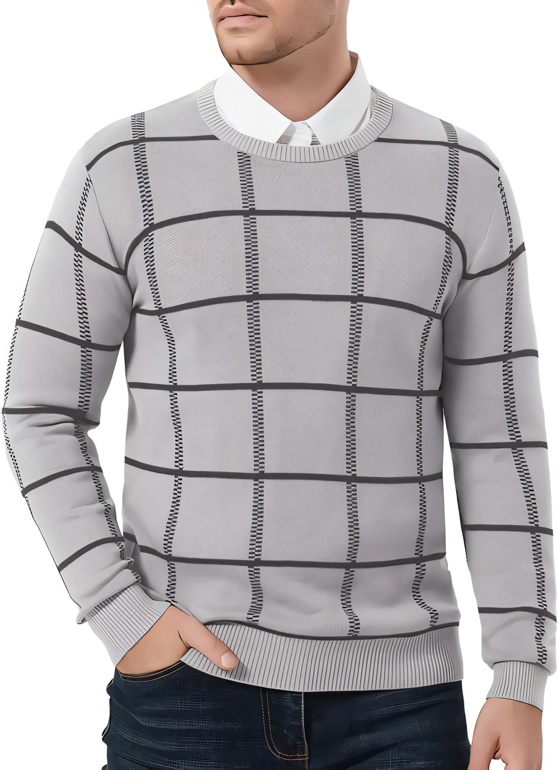 Men's Cotton Sweater Casual Crewneck Pullover Warm Winter Jumper - Light Grey M