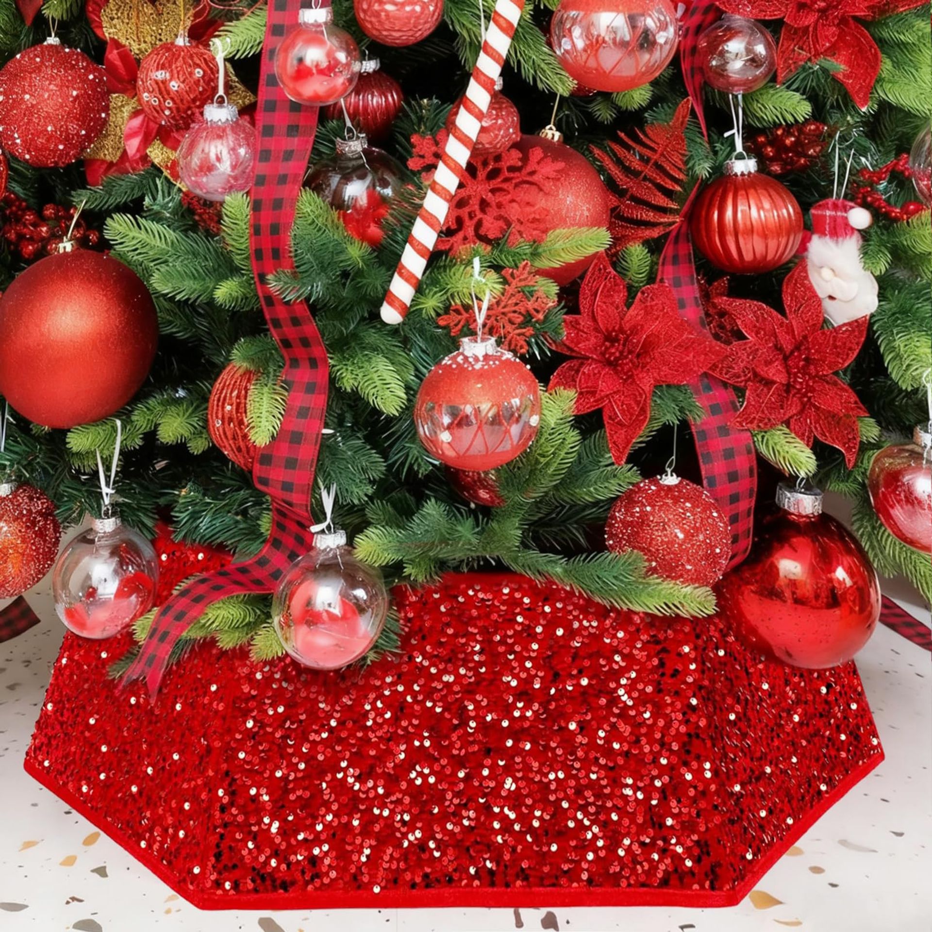 Christmas Tree Collar 33.5 inch Sequin Skirt Base Cover 6 Piece Foldable Design - Red Large