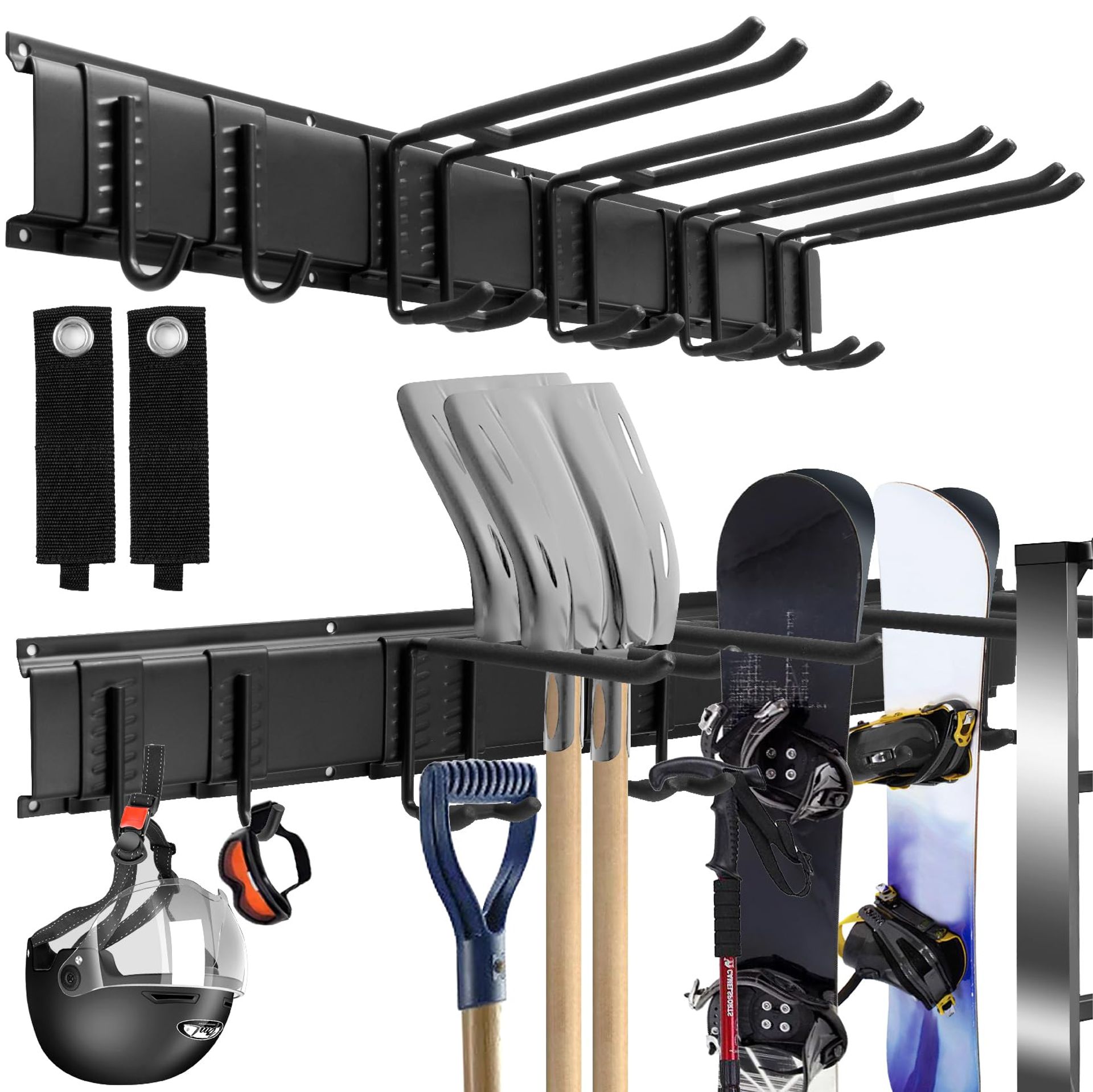 Garage Garden Tool Organiser Wall Mount with 6 Adjustable Metal Hooks and 2 Straps for Brooms Rakes Shovels Chairs and Ski Equipment - Black 32 Inches