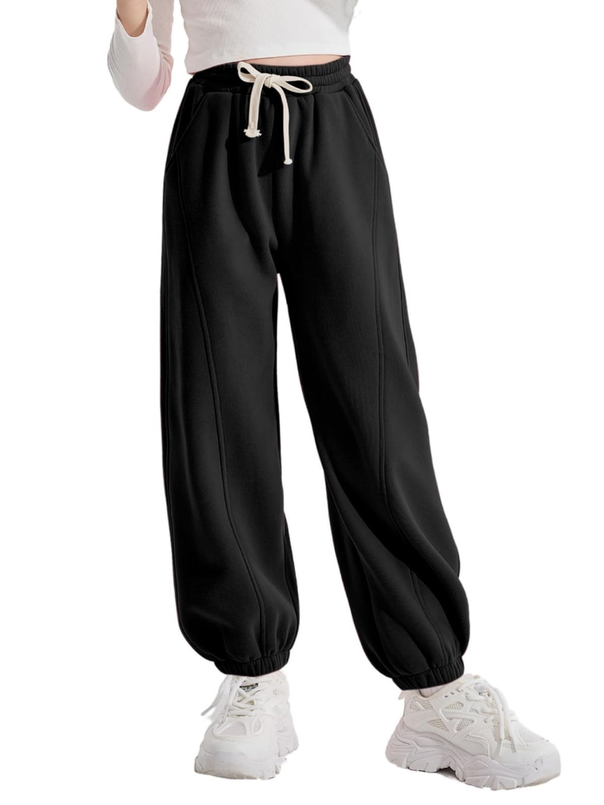 Girls Cotton Fleece Sweatpants Warm Multipocket Jogging Bottoms - Black 11-12 Years